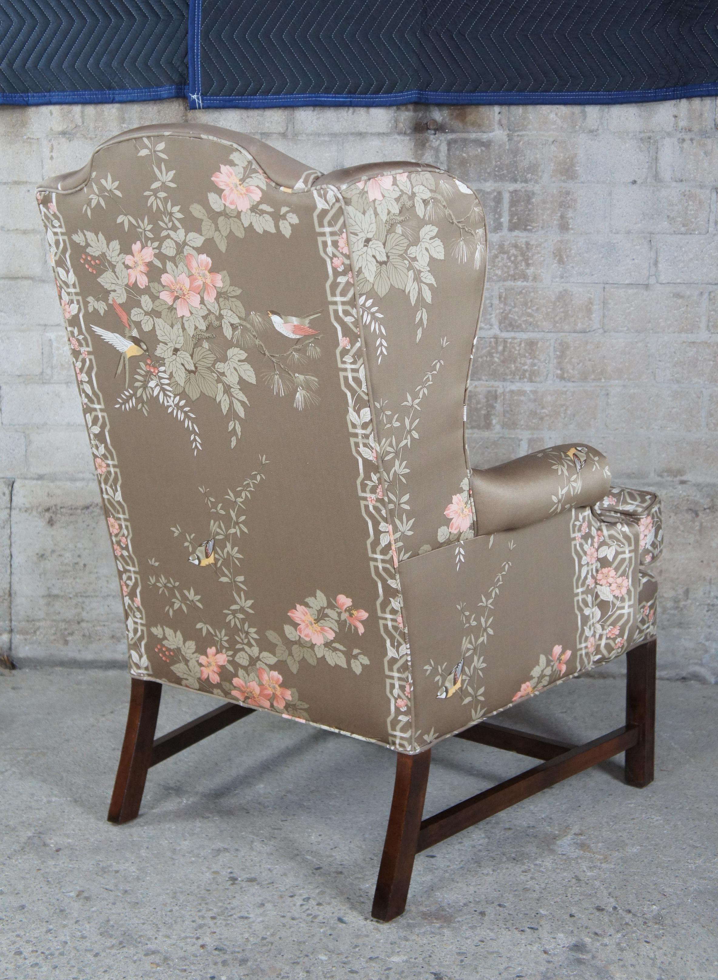 Late 20th Century Vintage Silk Chippendale Style Wingback Armchair Club Library Accent Bird Motif