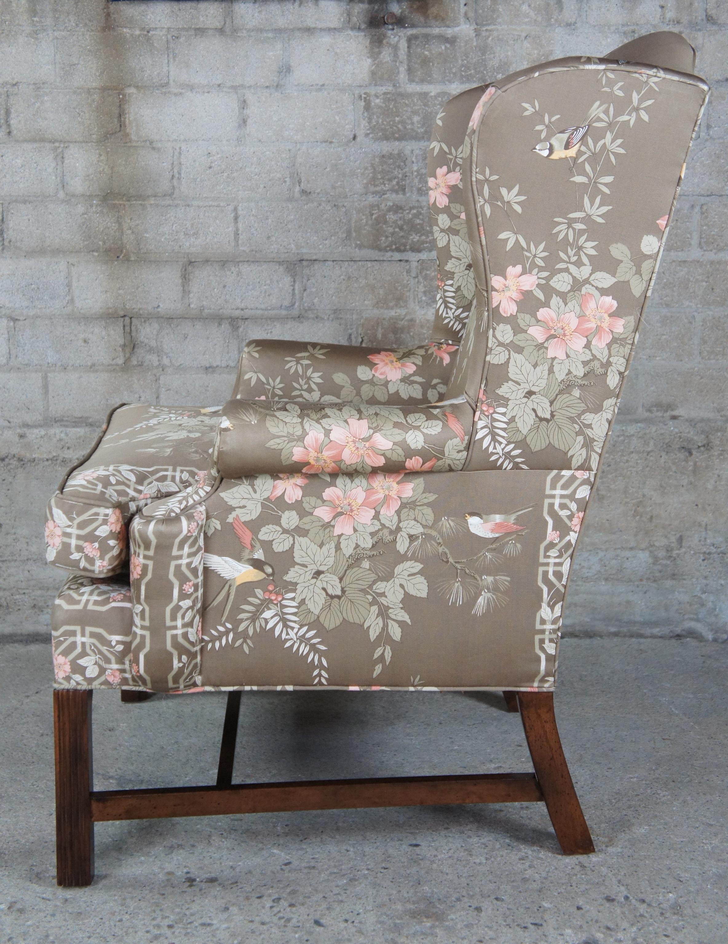 Vintage Silk Chippendale Style Wingback Armchair Club Library Accent Bird Motif 2