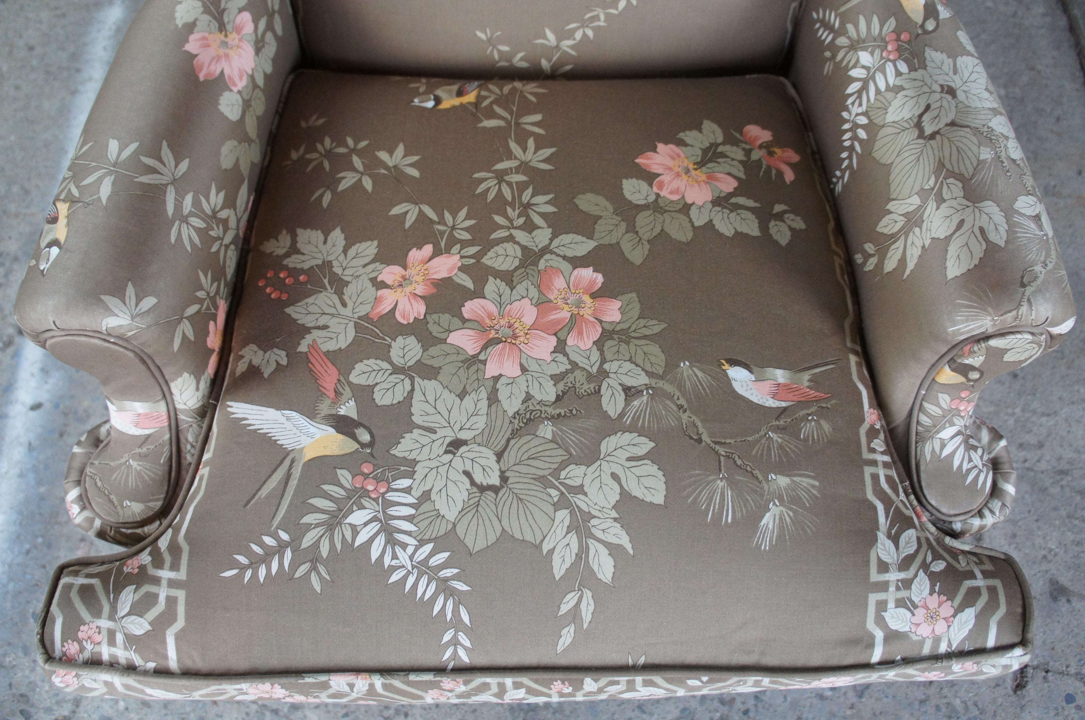 Vintage Silk Chippendale Style Wingback Armchair Club Library Accent Bird Motif 4