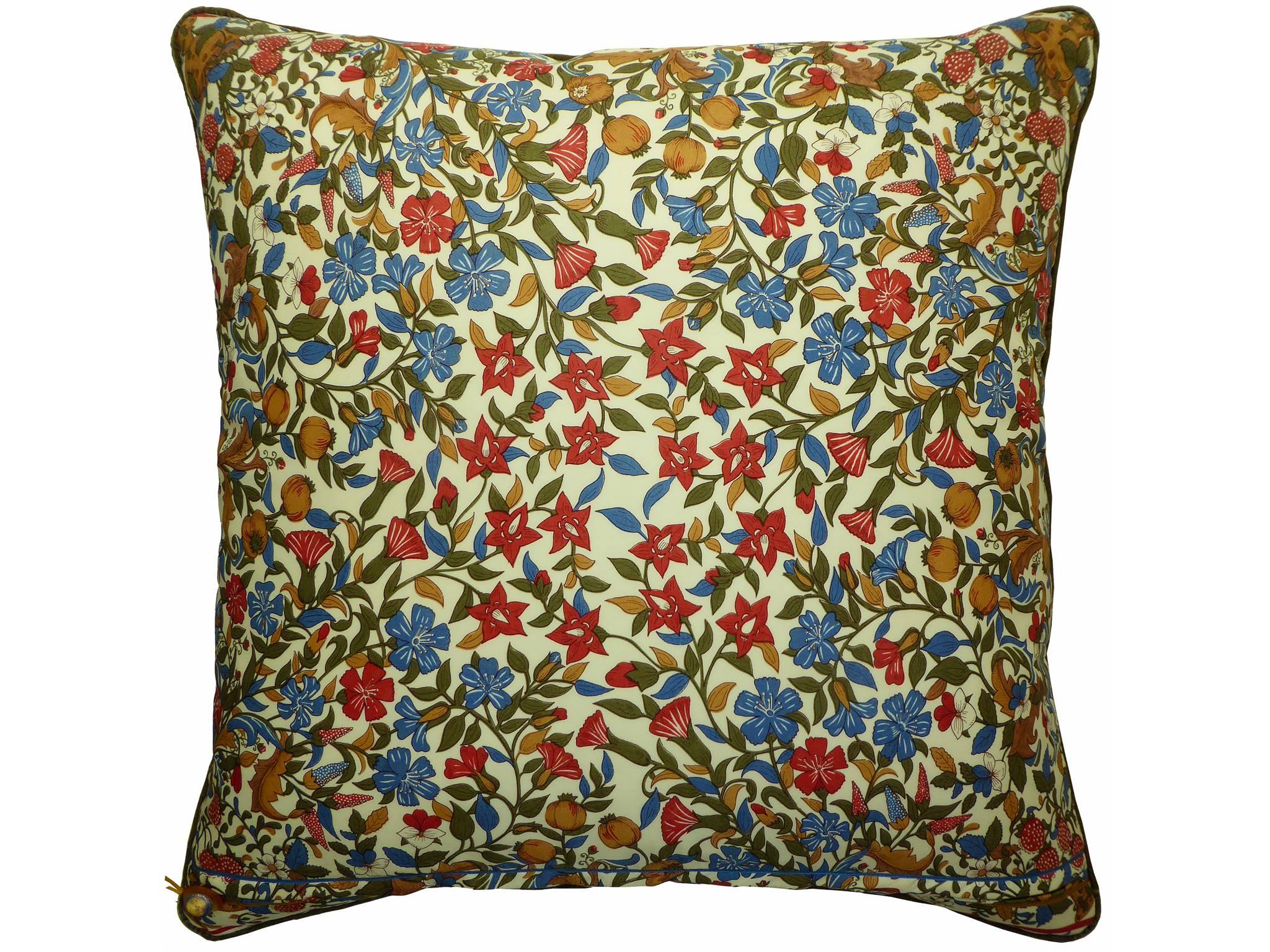 British bespoke-made luxury cushion created by using original vintage silks with two beautiful and complimentary mis-match sides; The front side is in rare silk and presents graphic drawings of popular motif’s from the Victorian era inspired by
