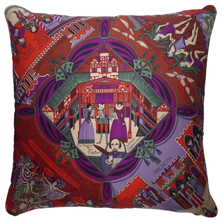 Vintage Silk Cushion "William Shakespeare and the Globe Theatre" Made in London