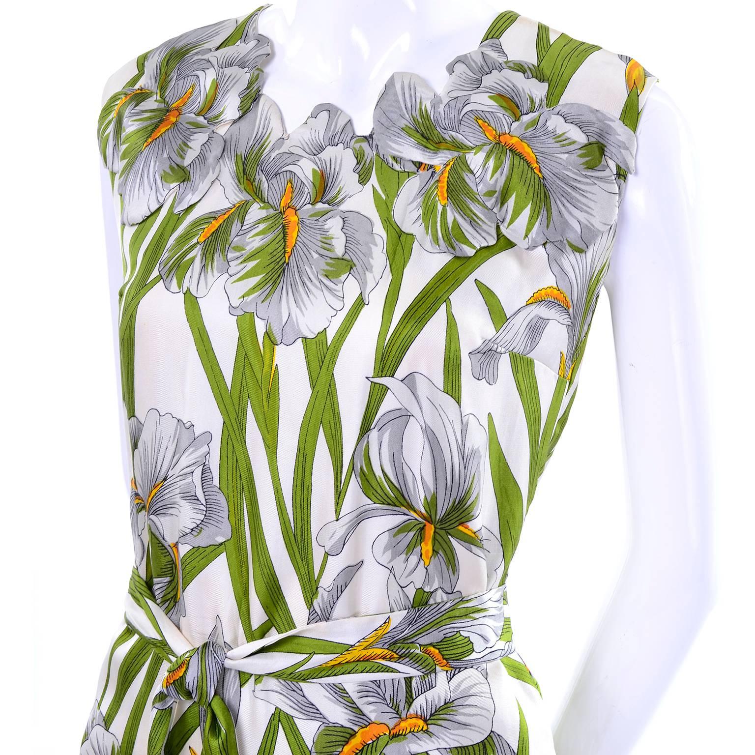 Gray Vintage Silk Donald Brooks Dress With Spring White Iris Flowers and Green Leaves