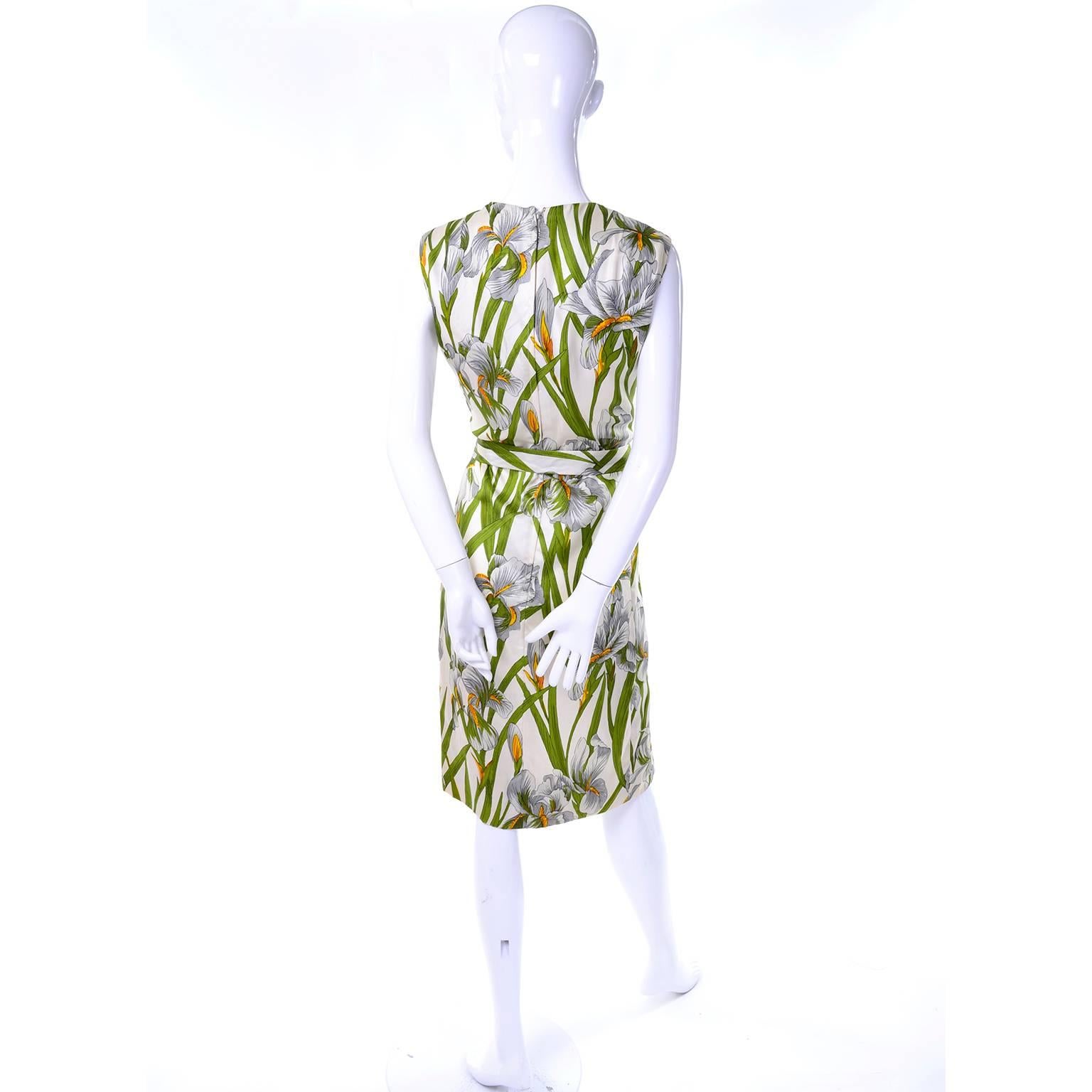 Women's Vintage Silk Donald Brooks Dress With Spring White Iris Flowers and Green Leaves