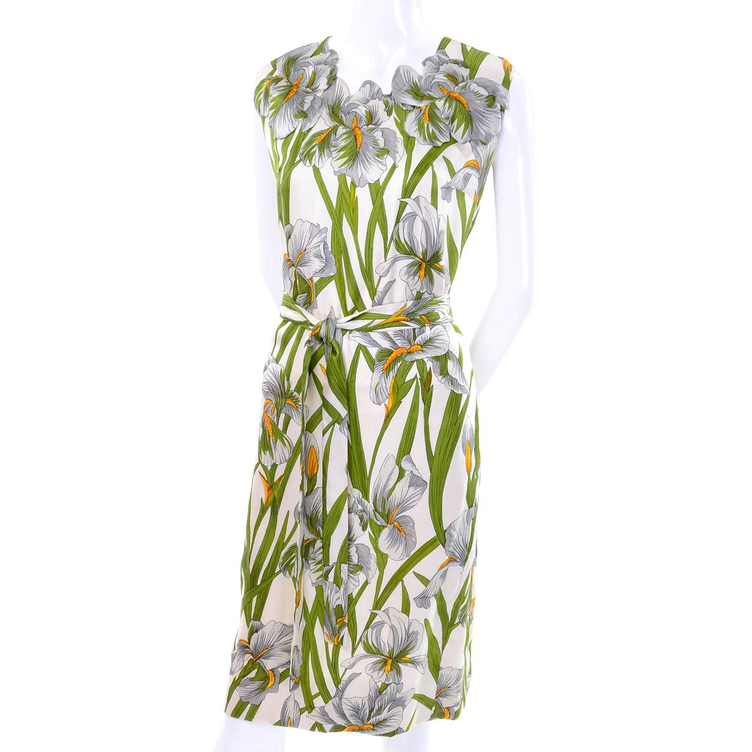 Vintage Silk Donald Brooks Dress With Spring White Iris Flowers and Green Leaves 2