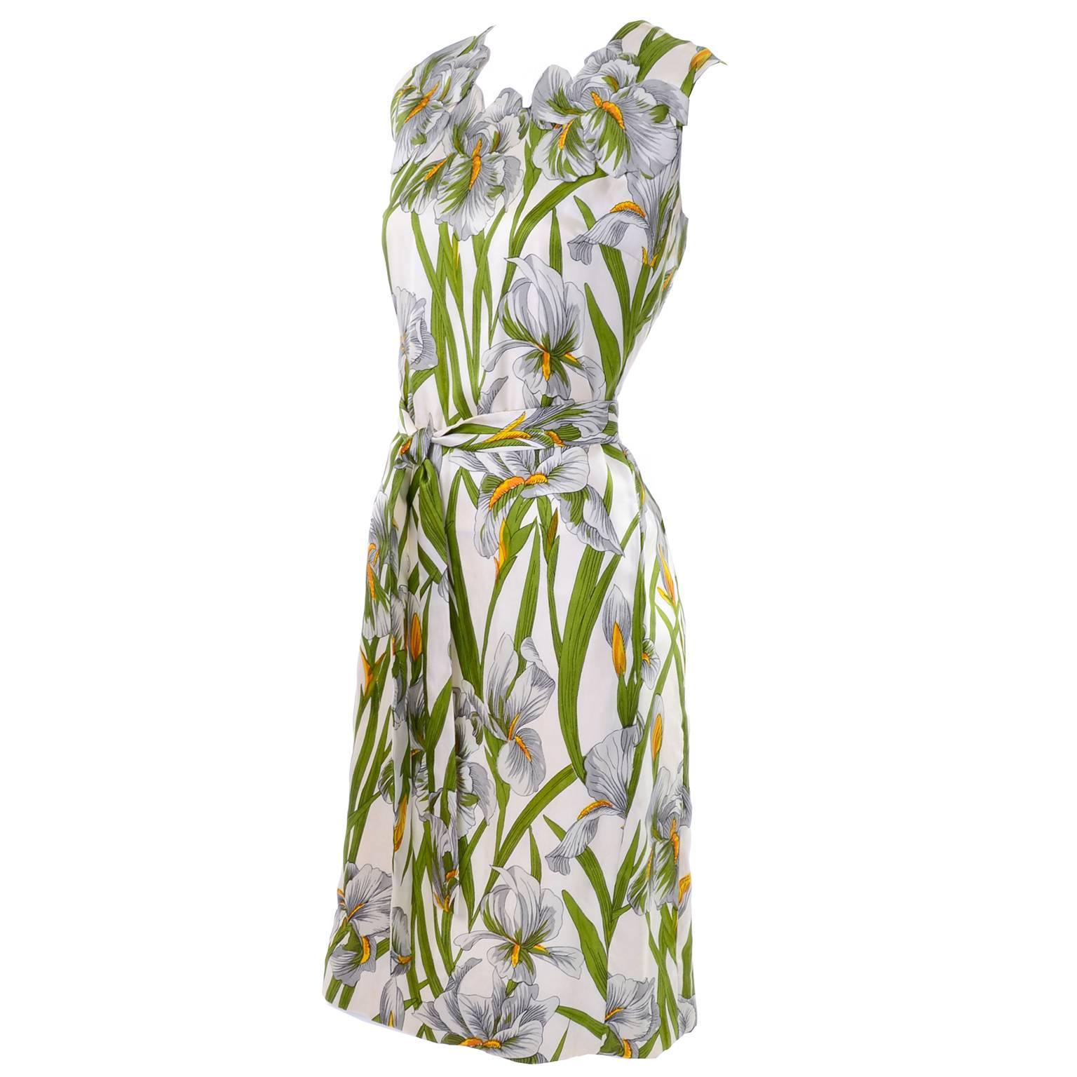 Vintage Silk Donald Brooks Dress With Spring White Iris Flowers and Green Leaves