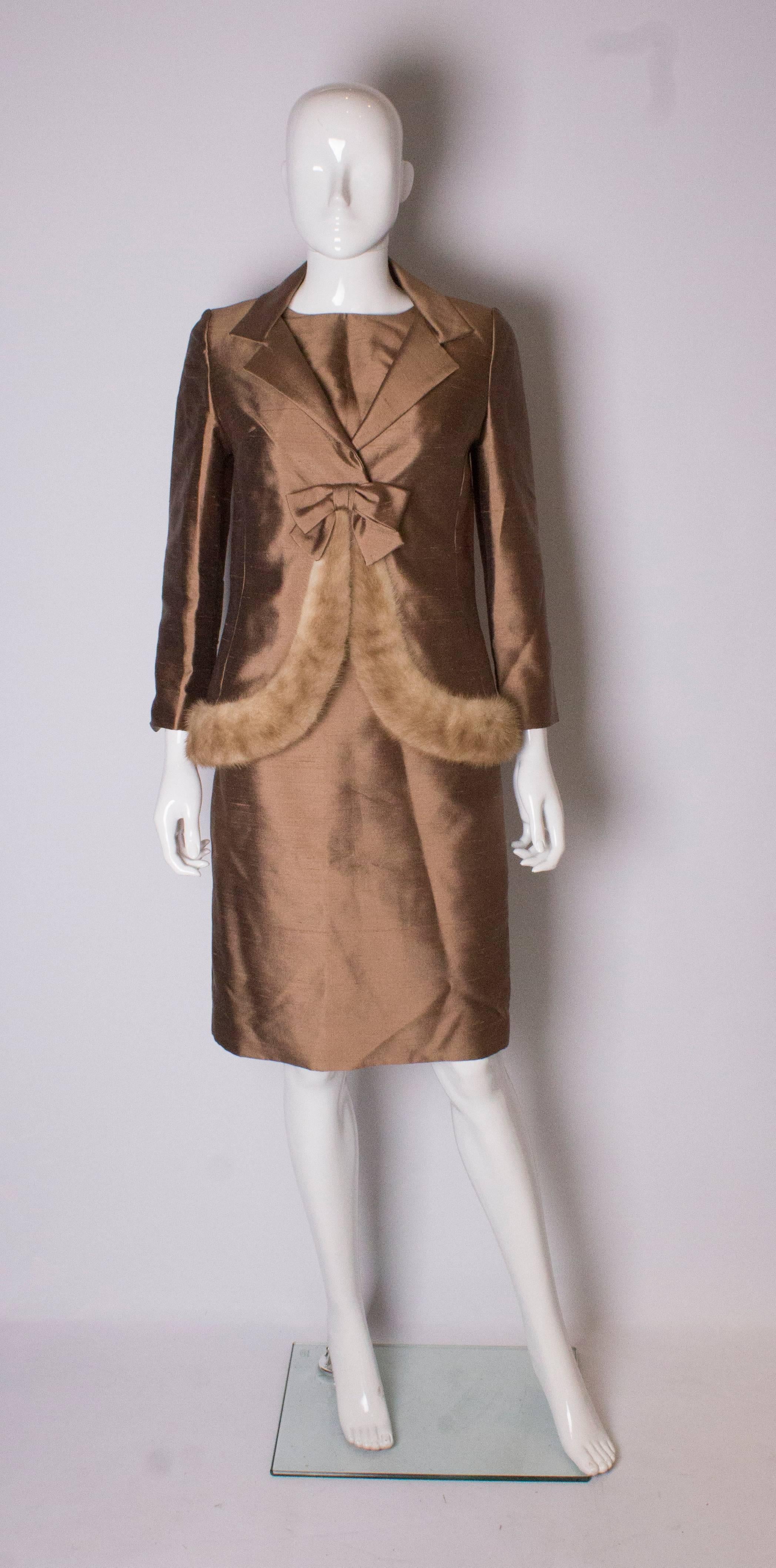 Vintage  Silk Dress and Jacket with Fur Trim In Good Condition For Sale In London, GB
