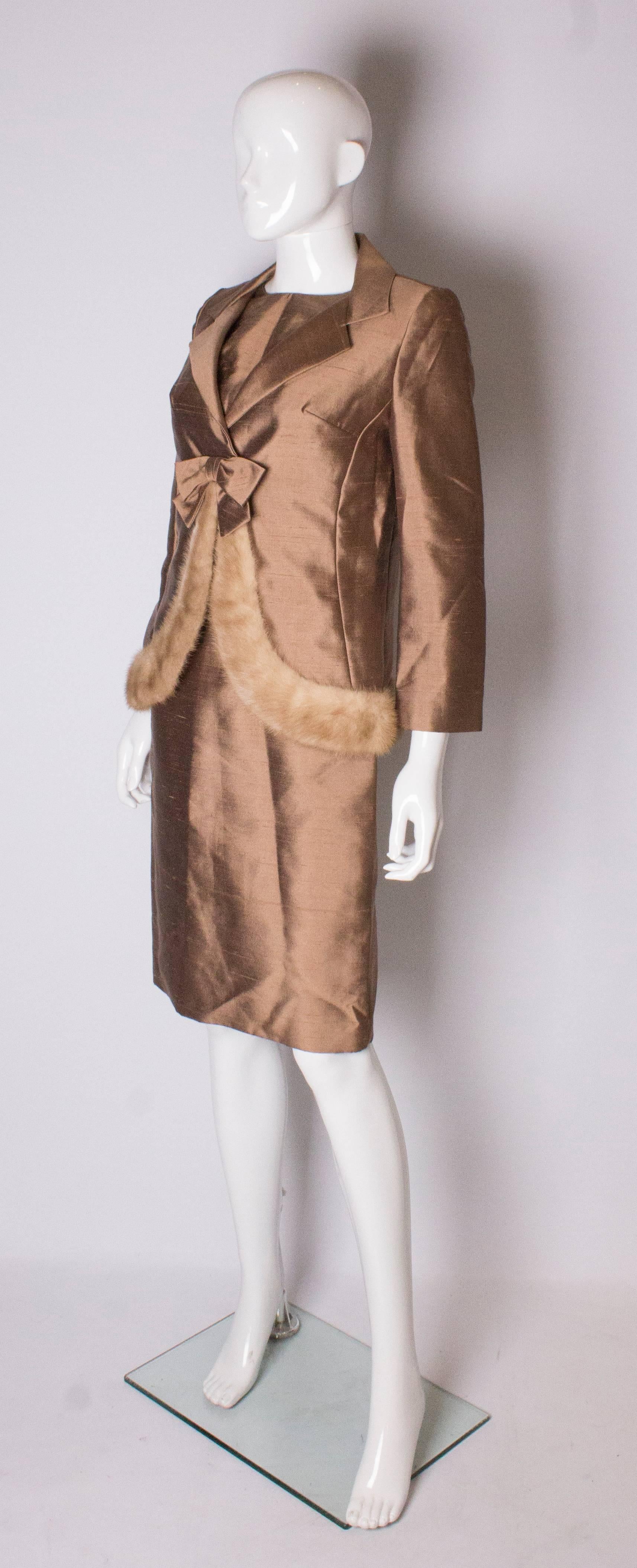 Women's Vintage  Silk Dress and Jacket with Fur Trim For Sale