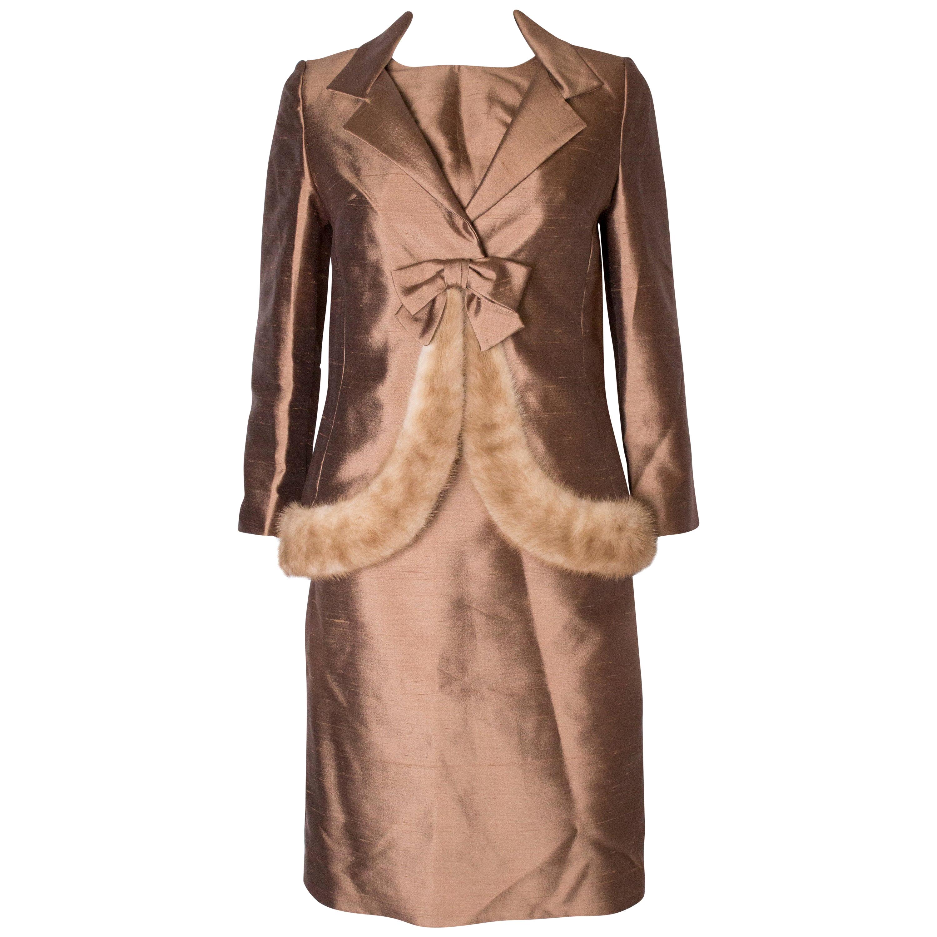 Vintage  Silk Dress and Jacket with Fur Trim