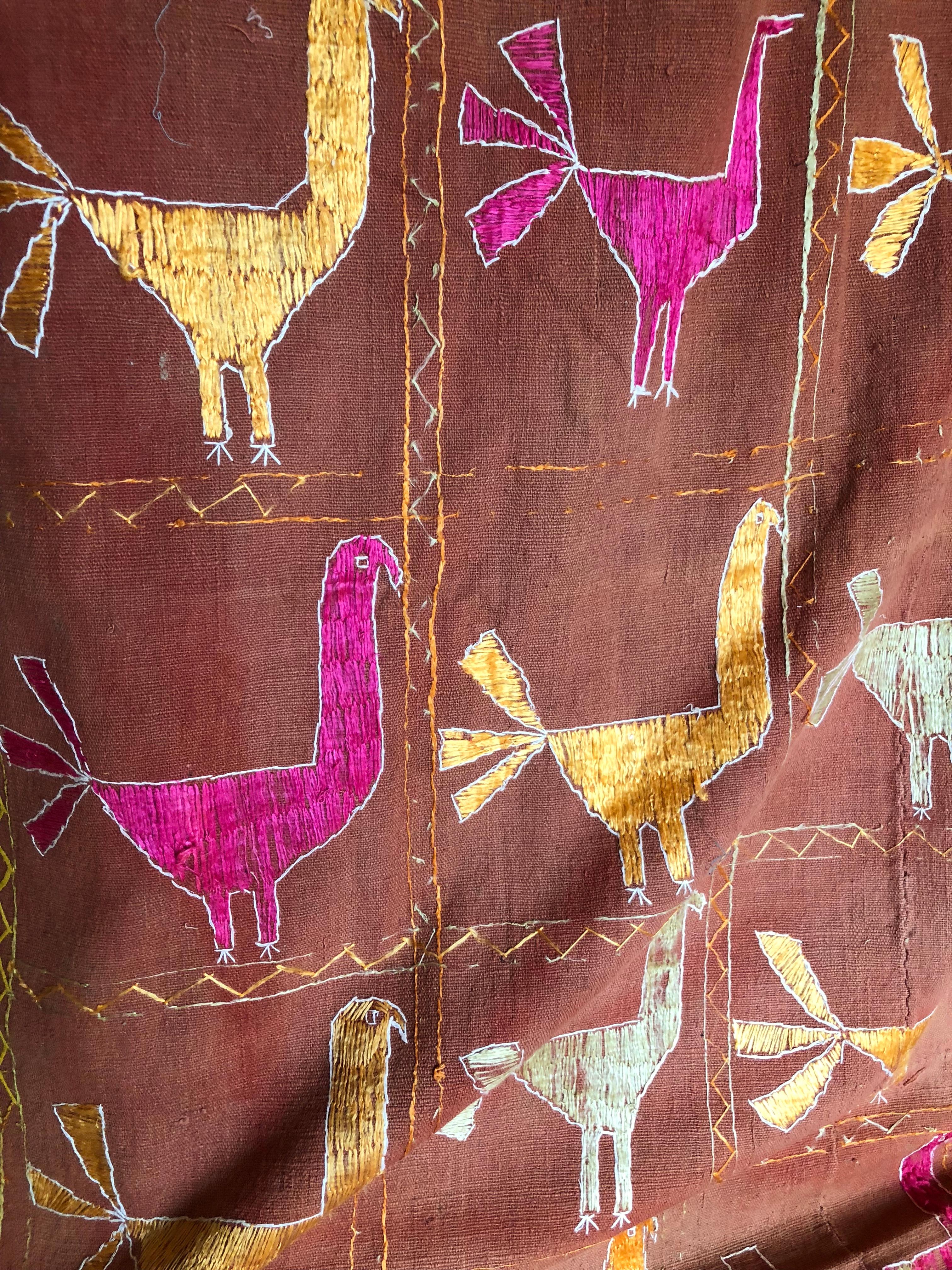 Vintage Silk Embroidered Peacocks on a Phulkari Wedding Shawl, Punjab, India For Sale 1