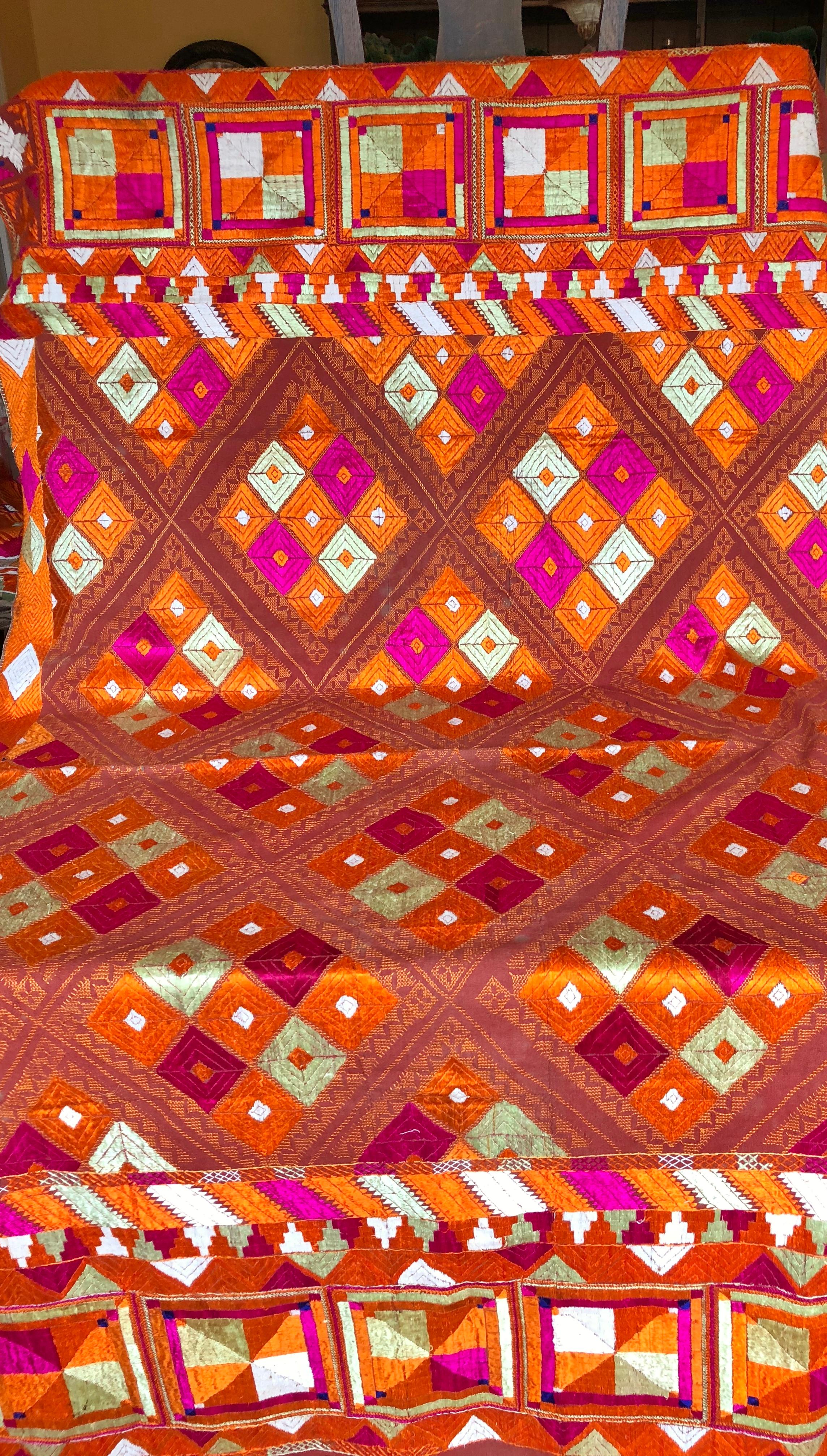 Vintage Silk Embroidered Phulkari Bagh Wedding Shawl, Punjab, India For Sale 1