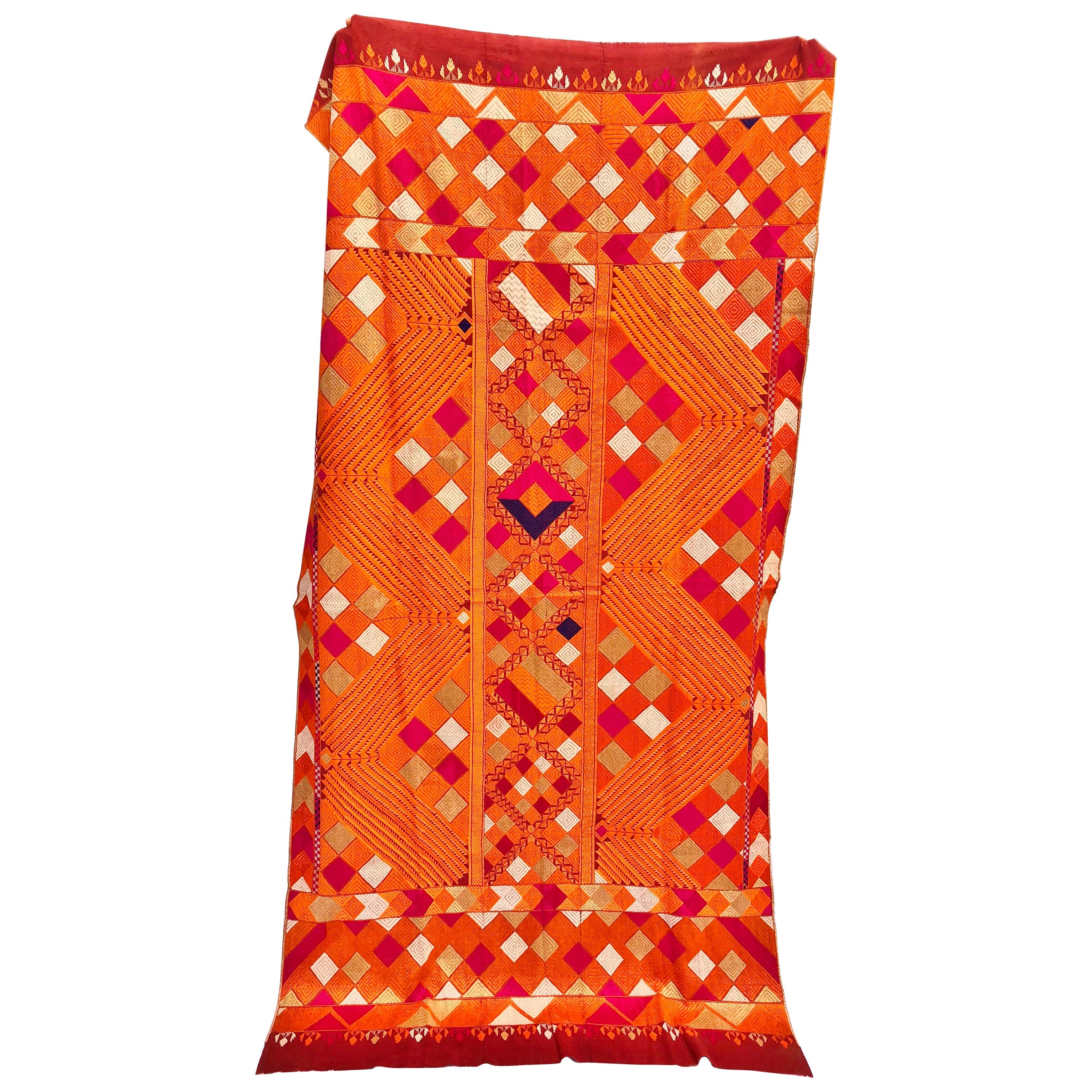 Vintage Silk Embroidered Phulkari Bagh Wedding Shawl, Punjab, India For Sale