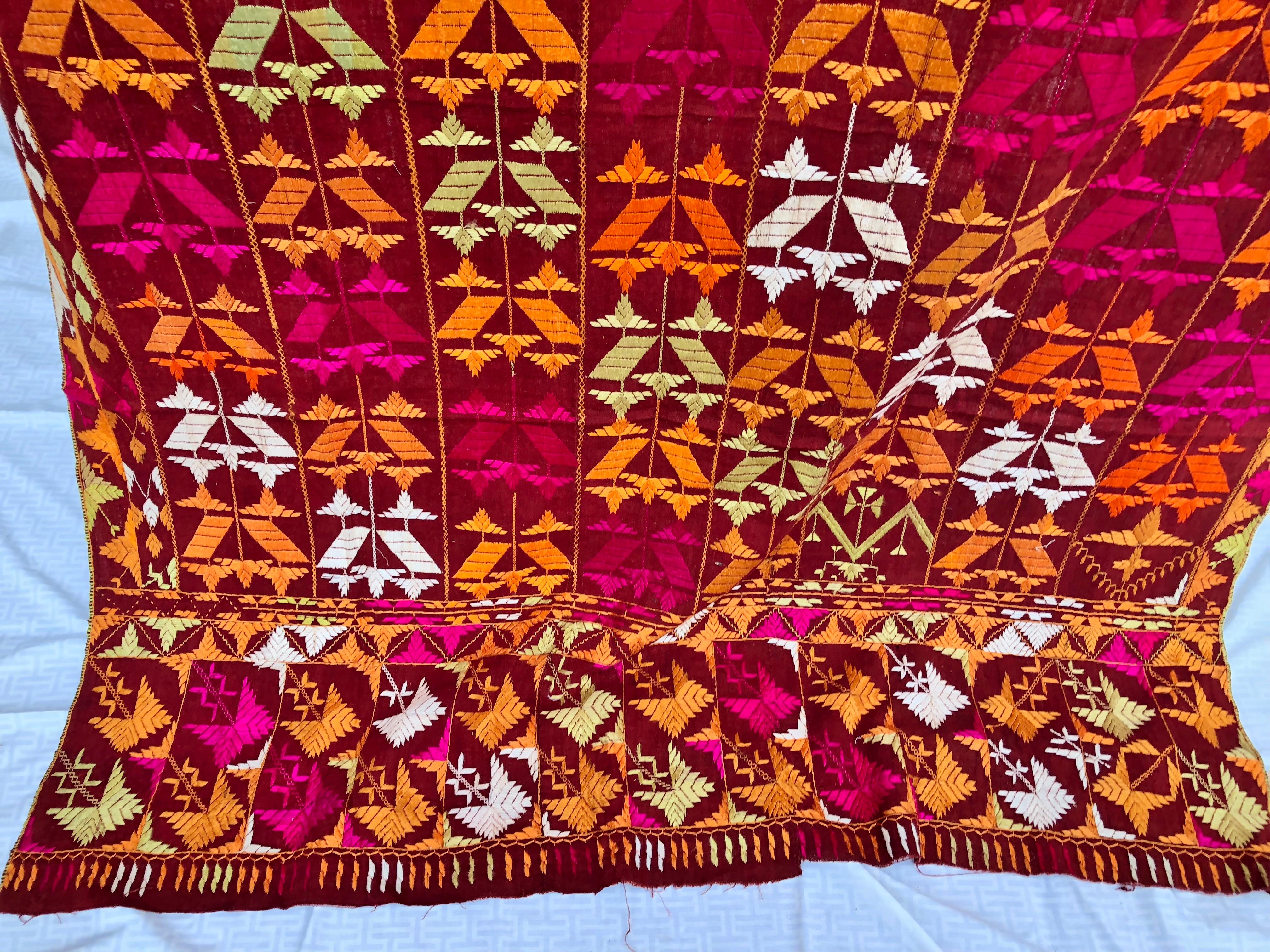 Indian Vintage Silk Embroidered Phulkari Wedding Shawl from Punjab, India For Sale