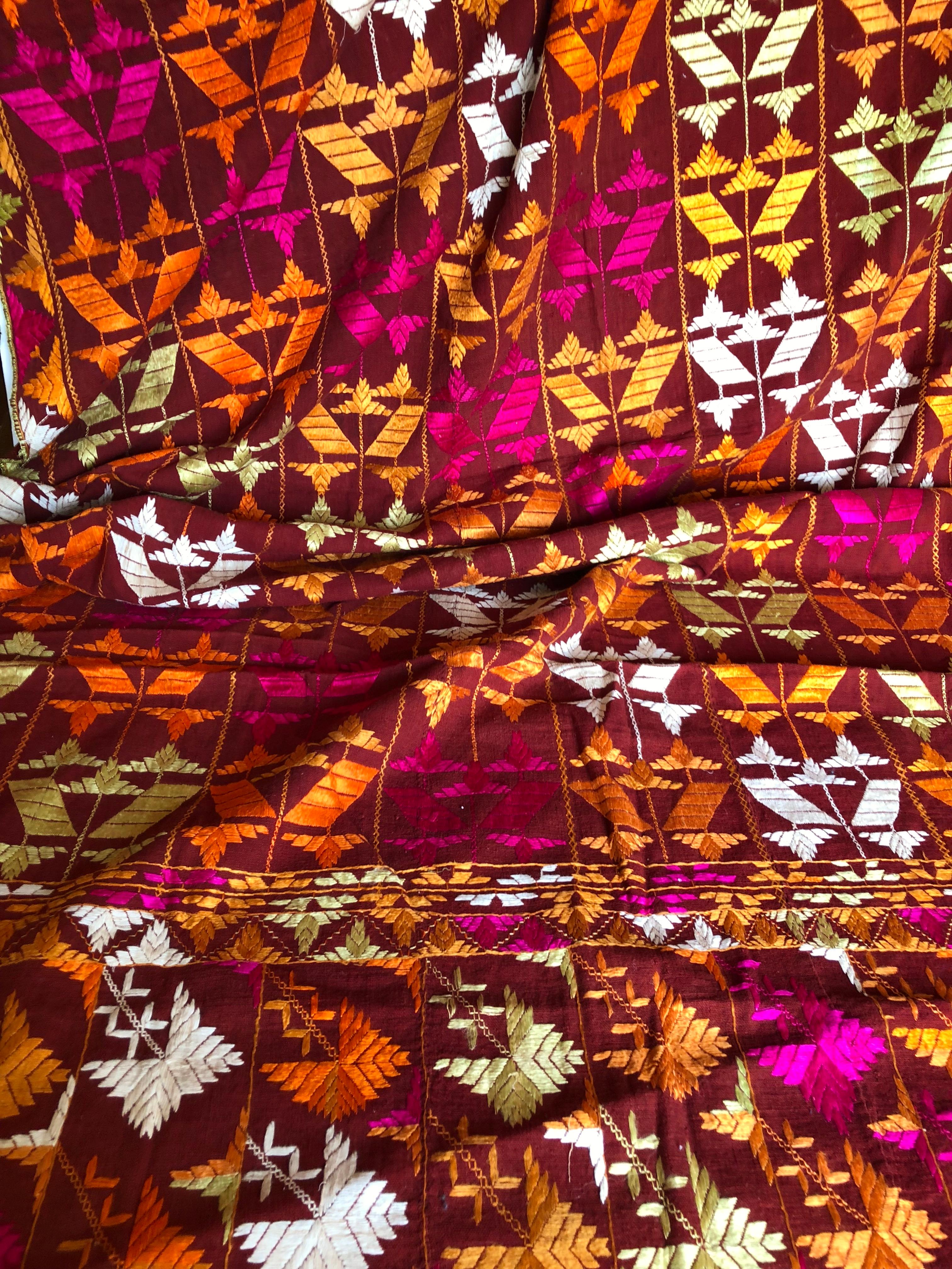 Cotton Vintage Silk Embroidered Phulkari Wedding Shawl from Punjab, India For Sale