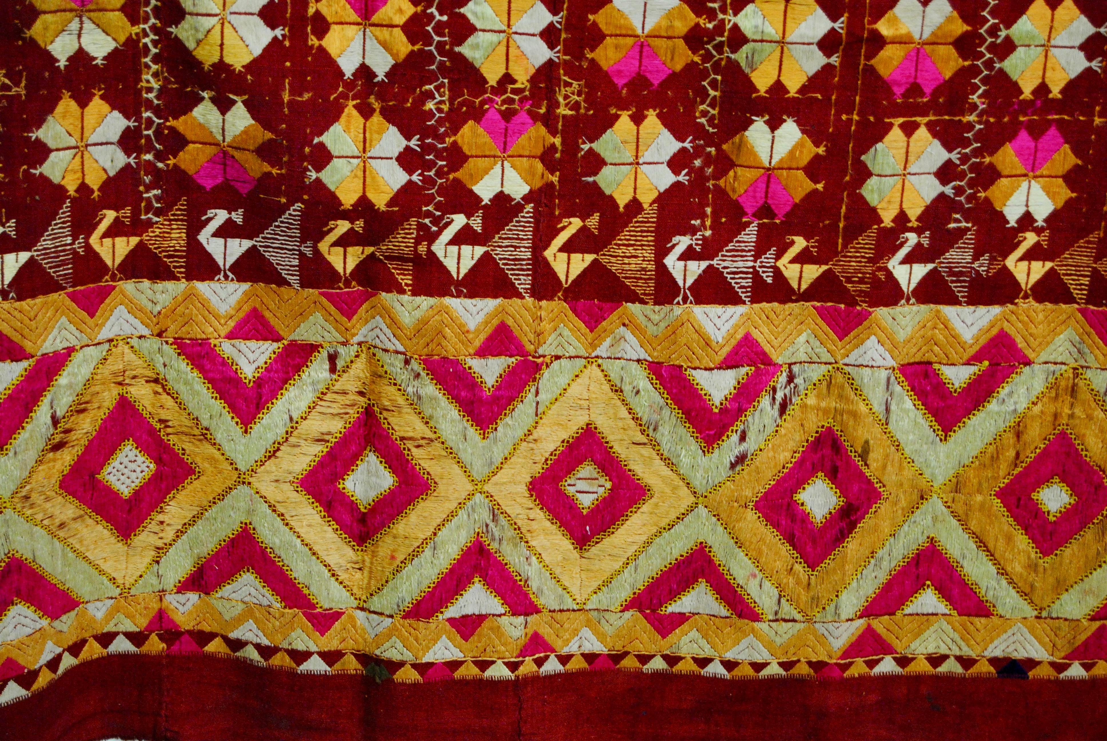 Cotton Vintage Silk Embroidered Phulkari Wedding Shawl from Punjab, India For Sale