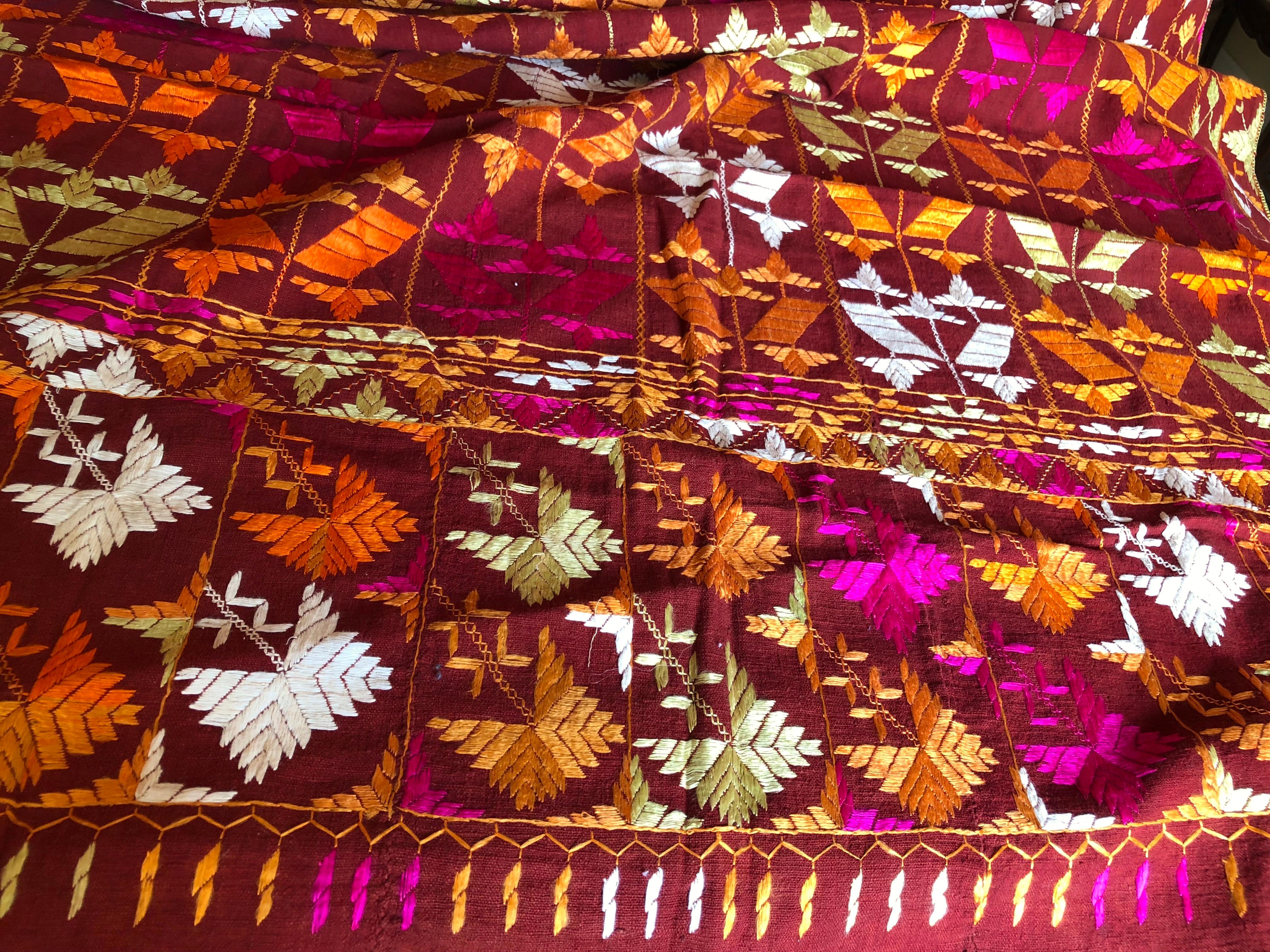 Vintage Silk Embroidered Phulkari Wedding Shawl from Punjab, India For Sale 1