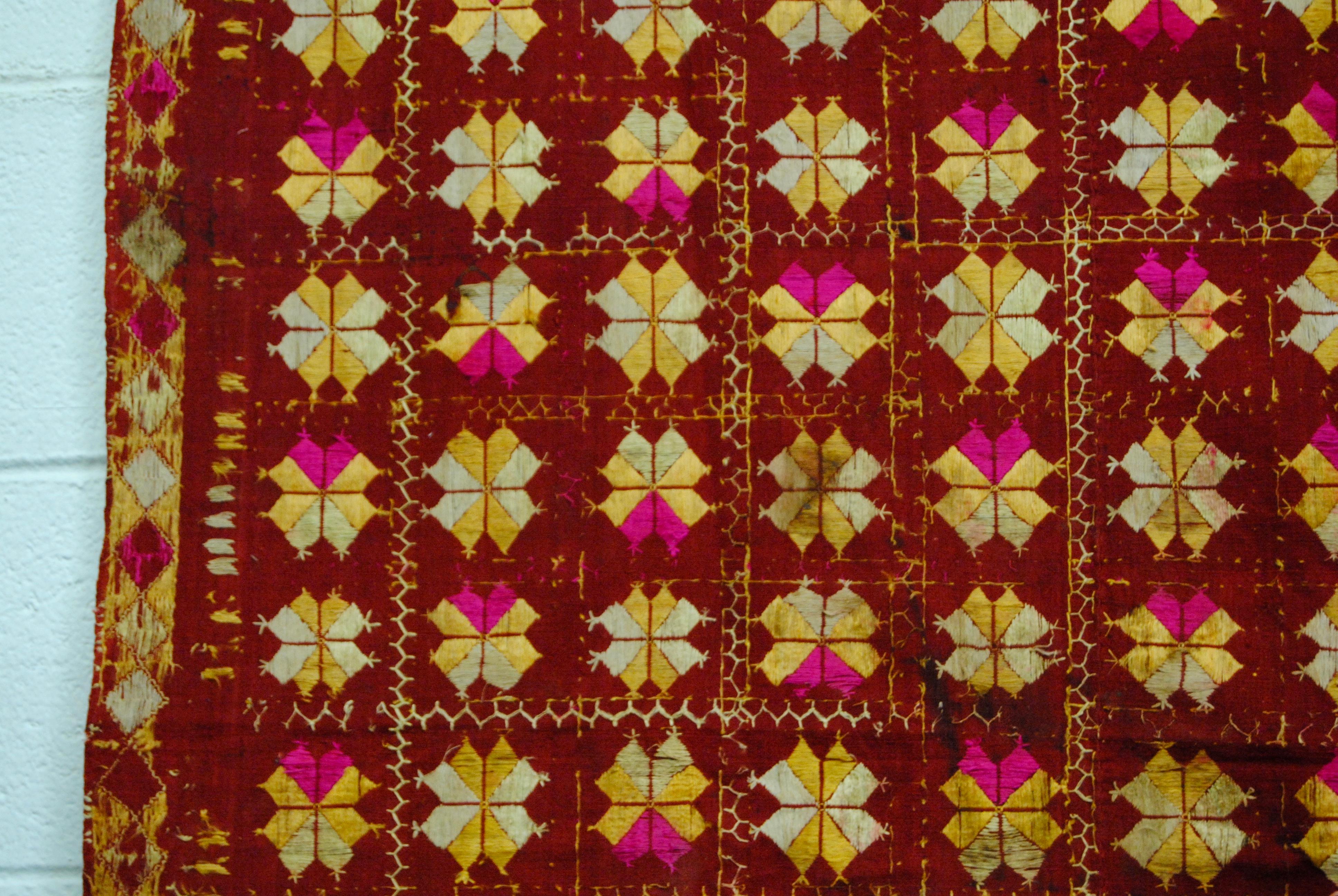 Vintage Silk Embroidered Phulkari Wedding Shawl from Punjab, India For Sale 1