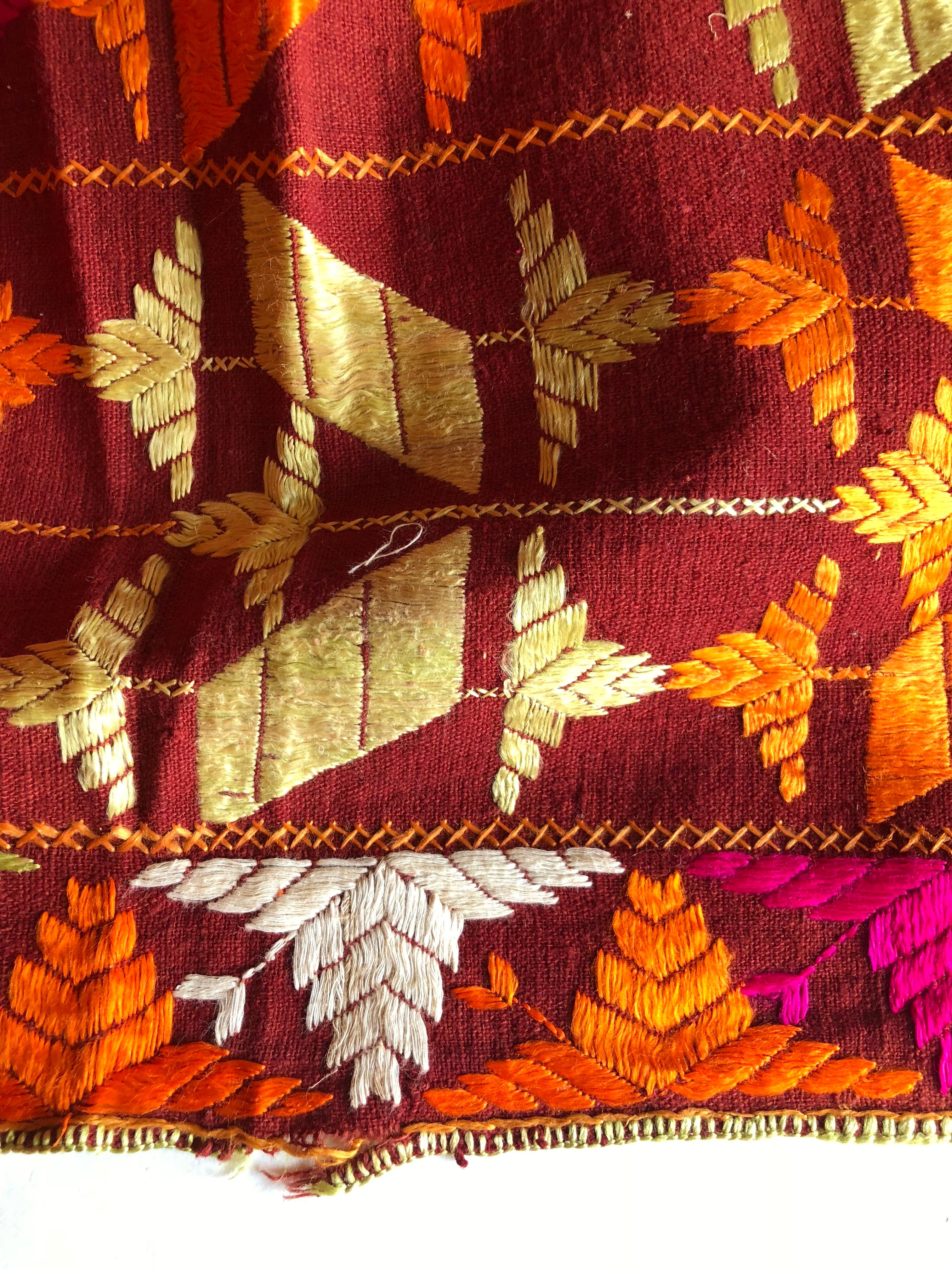 Vintage Silk Embroidered Phulkari Wedding Shawl from Punjab, India For Sale 2