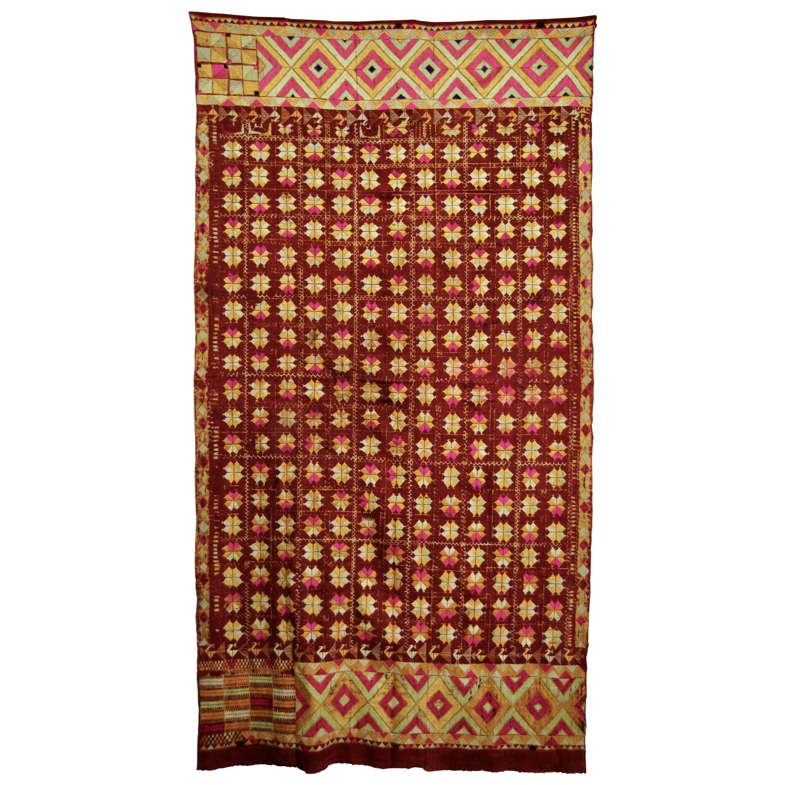 Vintage Silk Embroidered Phulkari Wedding Shawl from Punjab, India For Sale