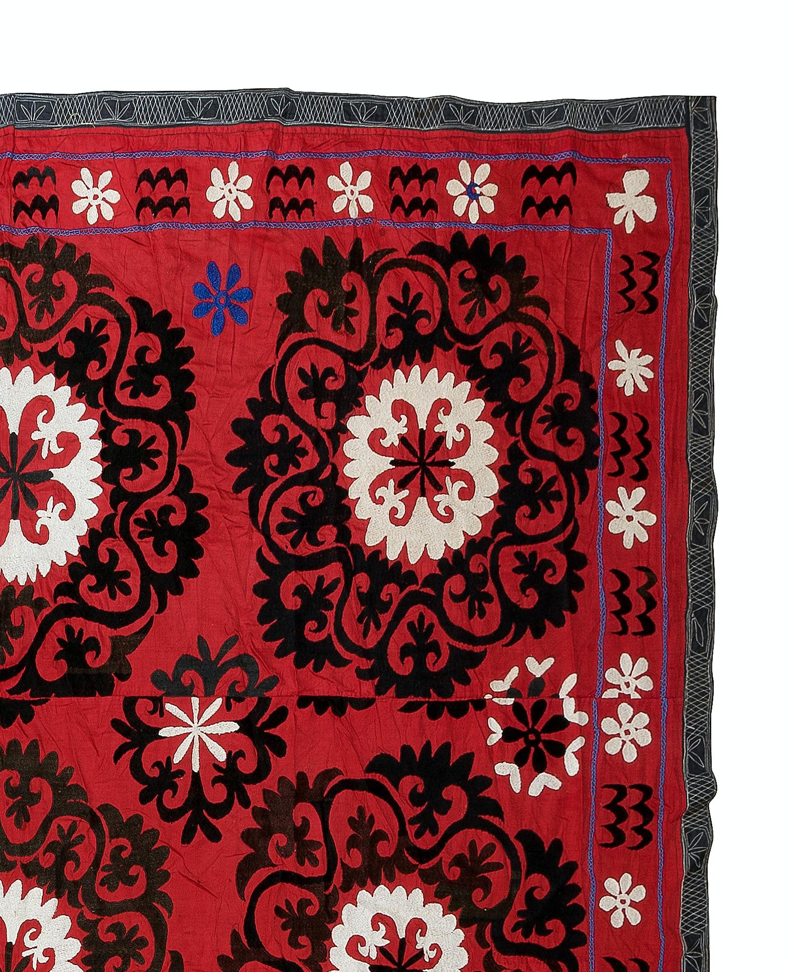 Uzbek 7.3x7.4 ft Silk Embroidery Bed Cover, Burgundy Red Wall Hanging, Vintage Throw For Sale