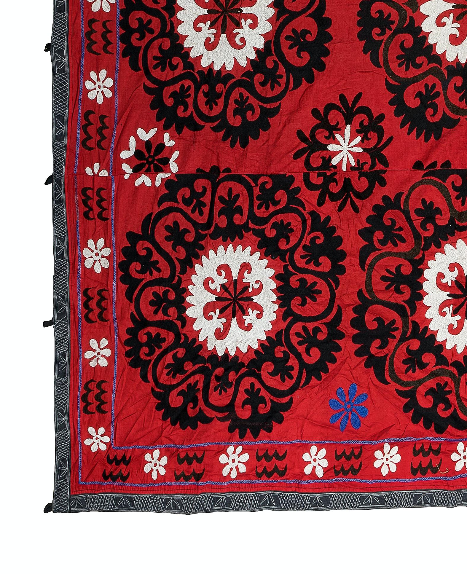 Embroidered 7.3x7.4 ft Silk Embroidery Bed Cover, Burgundy Red Wall Hanging, Vintage Throw For Sale