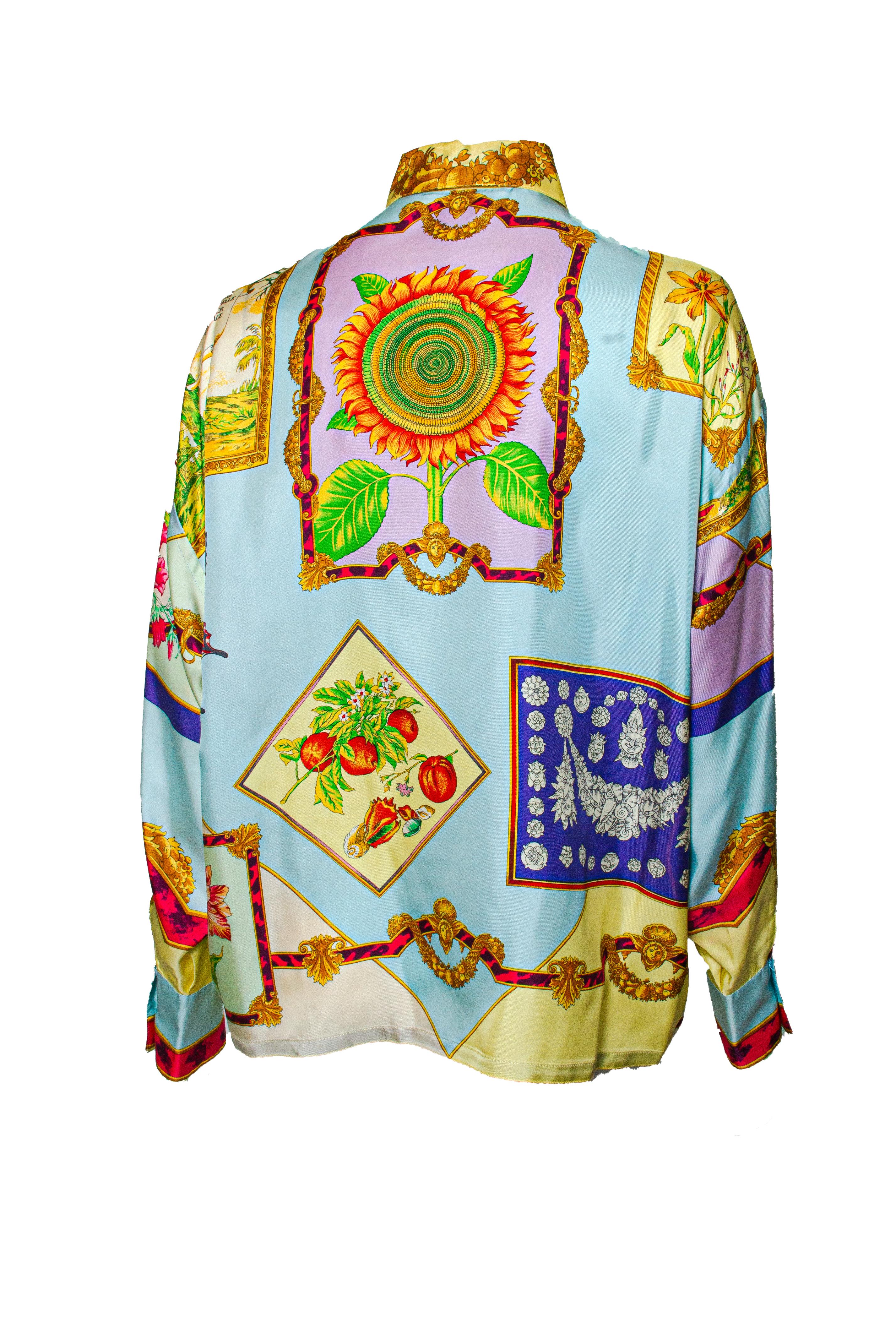 Beige Chemise à col floral vintage Gianni Versace Couture des années 1990 en vente