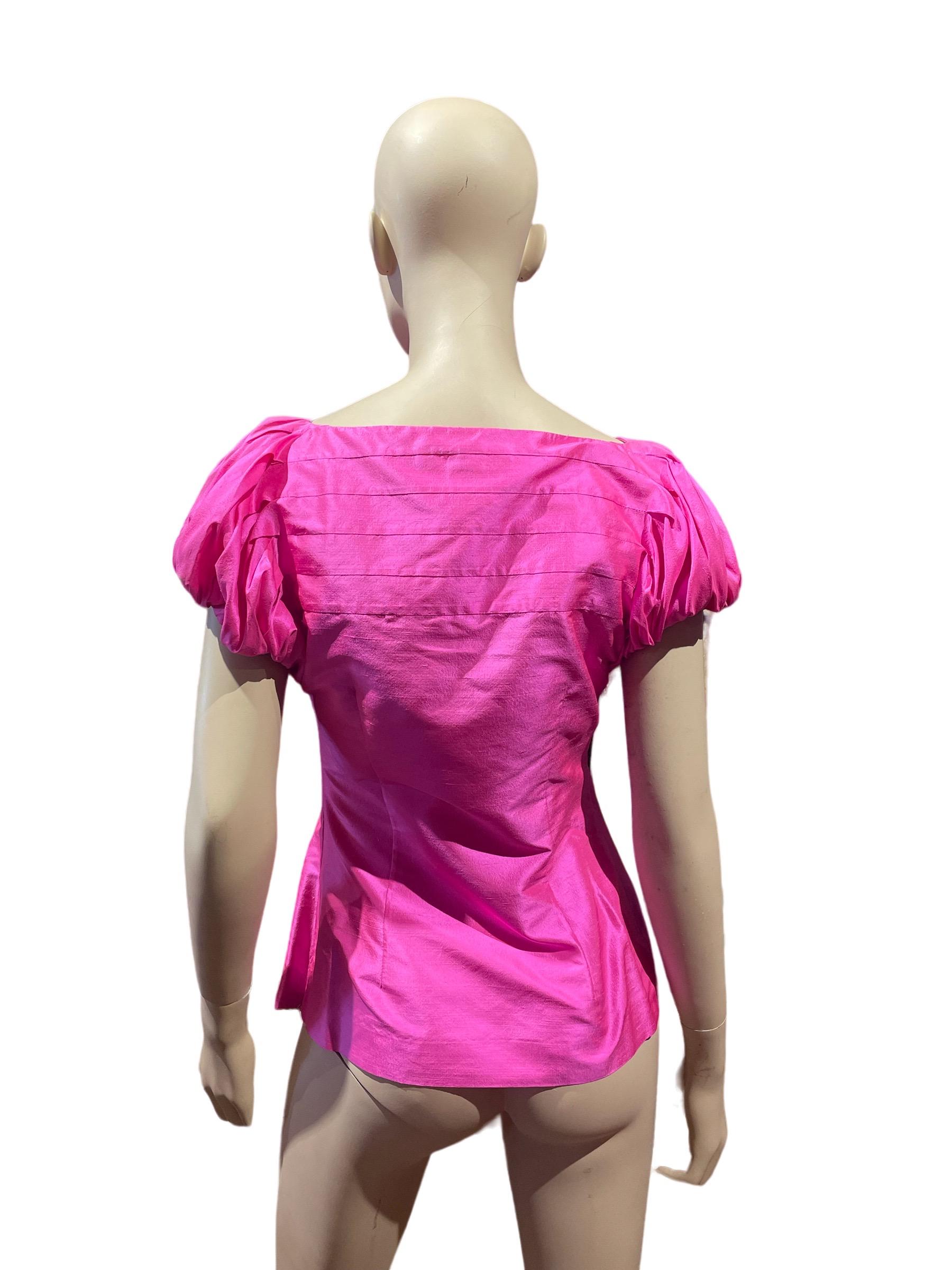 Vintage Silk Fuchsia Pink Short Sleeve Puff Sleeve Blouse by Ralph Lauren  In Good Condition For Sale In Greenport, NY