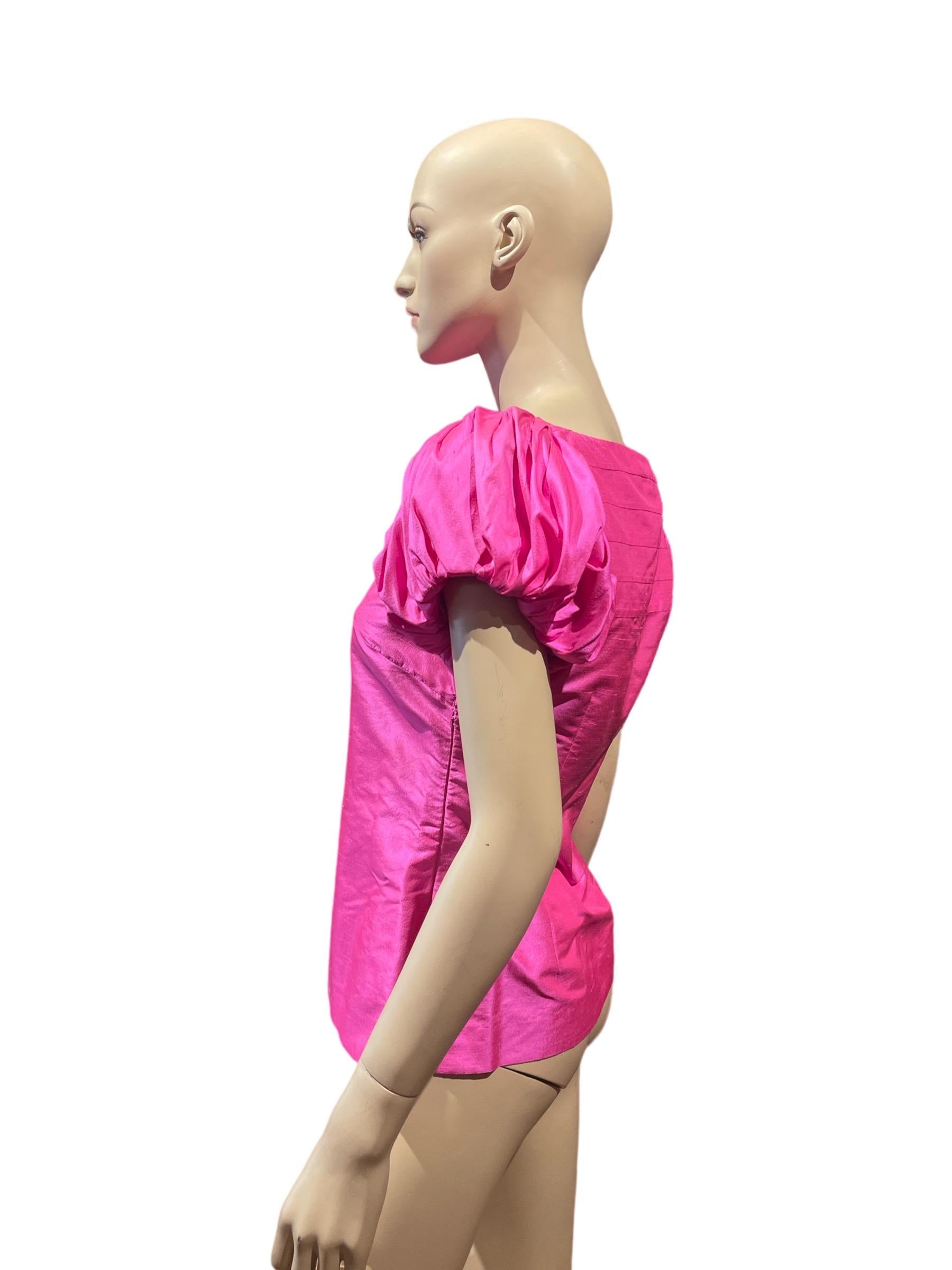 Women's Vintage Silk Fuchsia Pink Short Sleeve Puff Sleeve Blouse by Ralph Lauren  For Sale