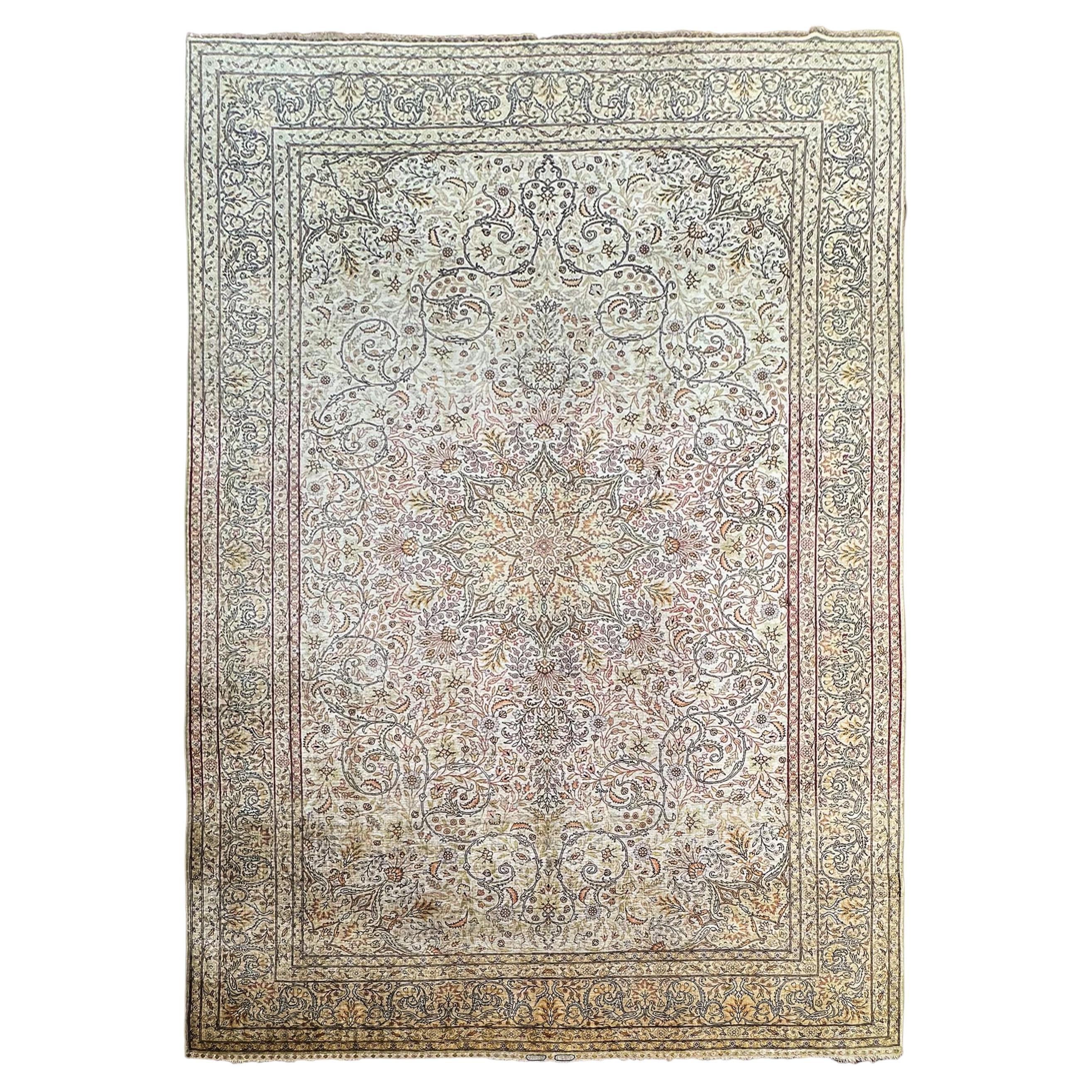 Vintage Silk Hereke Fine 100% Silk High Quality Museum Signed Rug 7x10 209x297cm For Sale