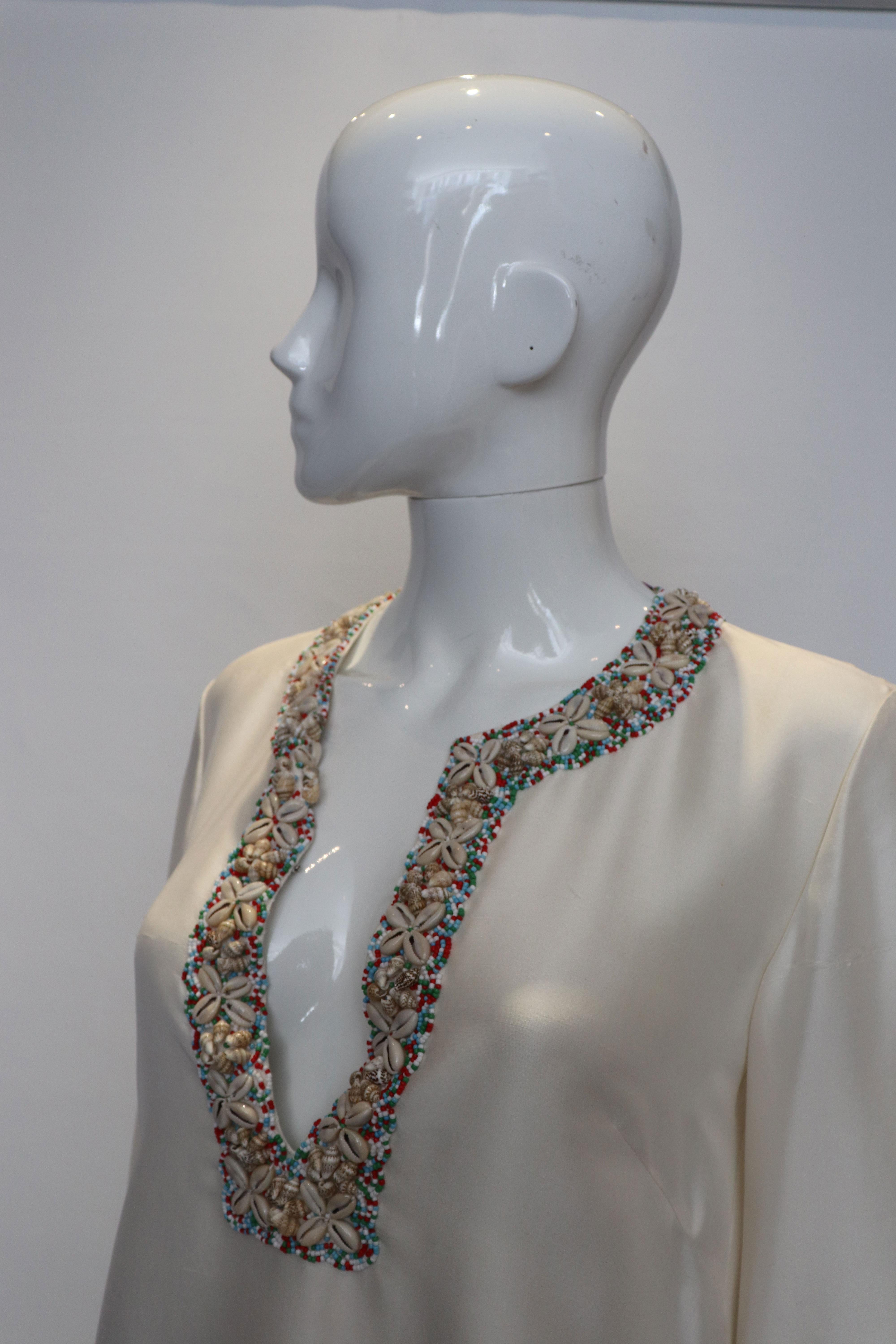 Gray Vintage Silk Kaftan Top with Shell and Bead Detail For Sale