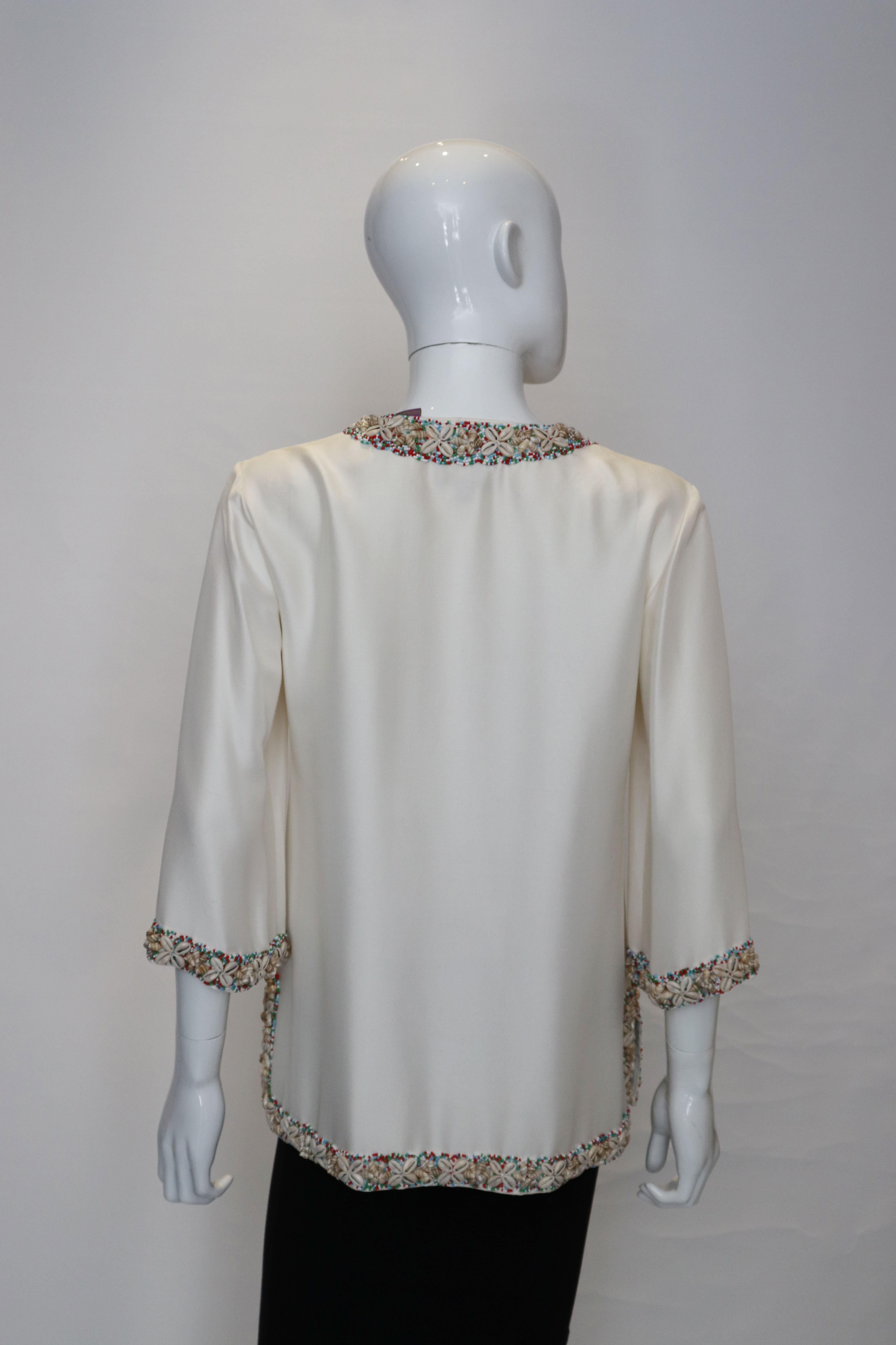 Vintage Silk Kaftan Top with Shell and Bead Detail In Good Condition For Sale In London, GB