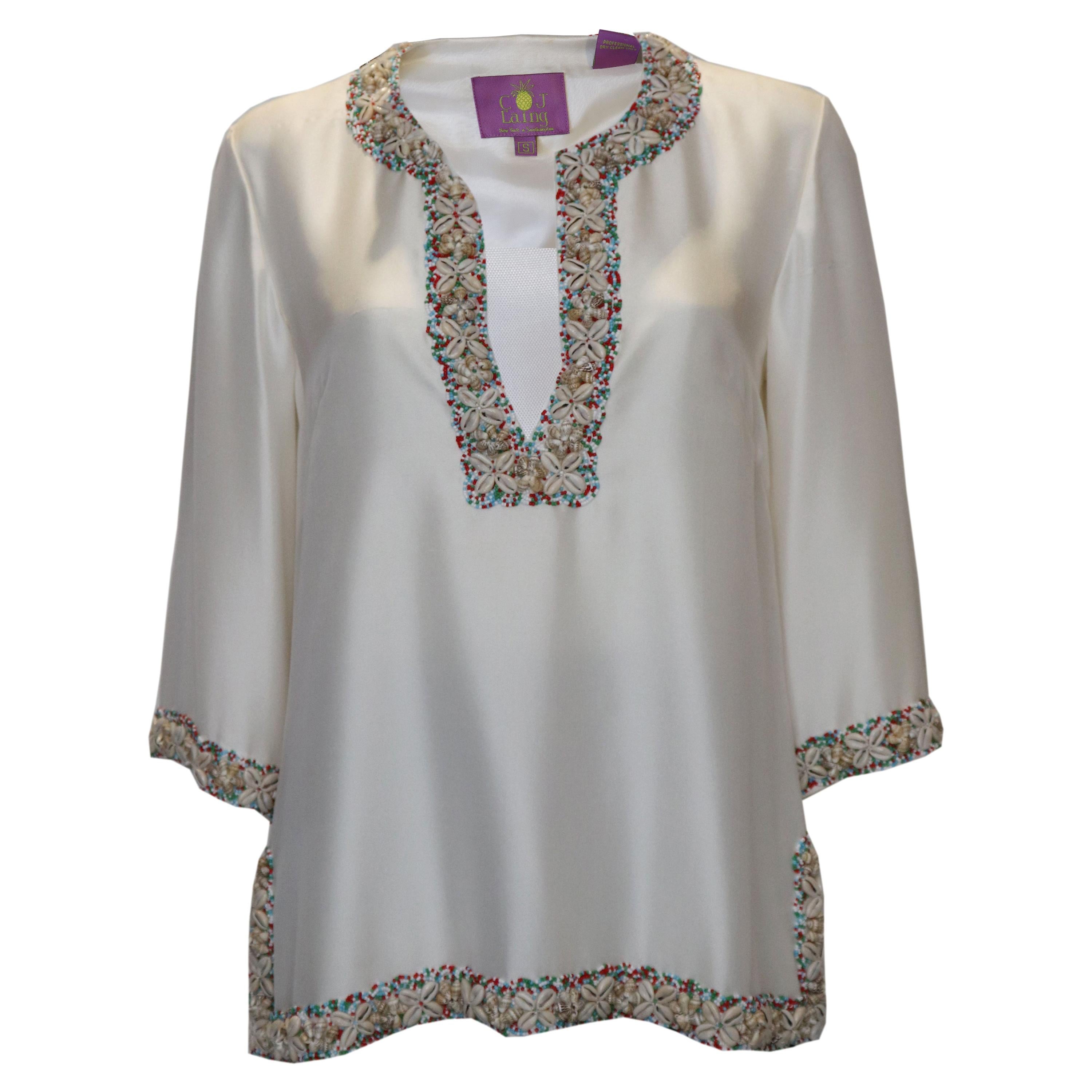 Vintage Silk Kaftan Top with Shell and Bead Detail For Sale