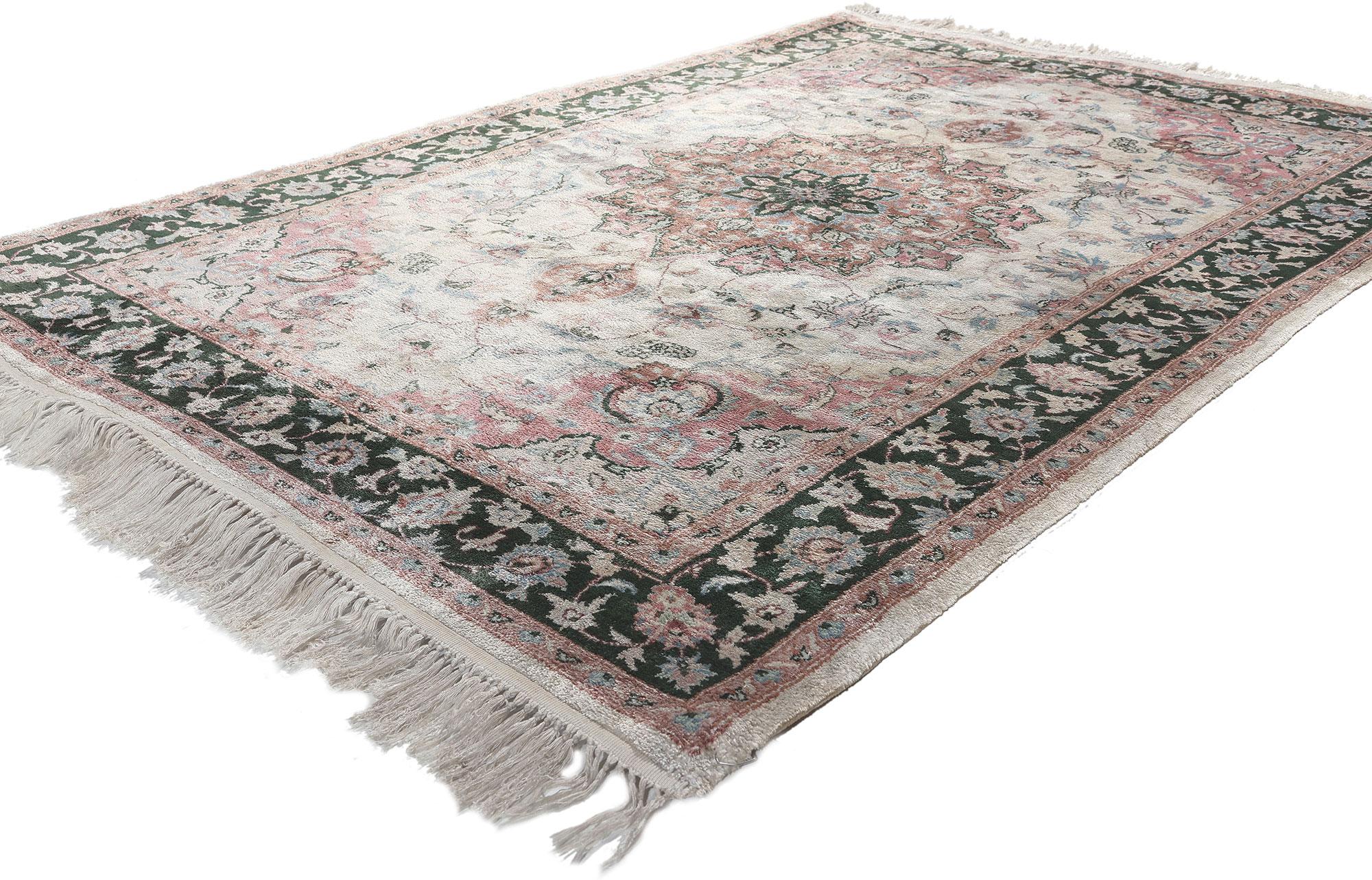 78545 Vintage Indian Kashmir Rug, 04'00 x 06'00. Emulating English Country style and timeless style with a silky texture, this vintage Indian Kashmir rug is a captivating vision of woven beauty. The intricate botanical details and sophisticated