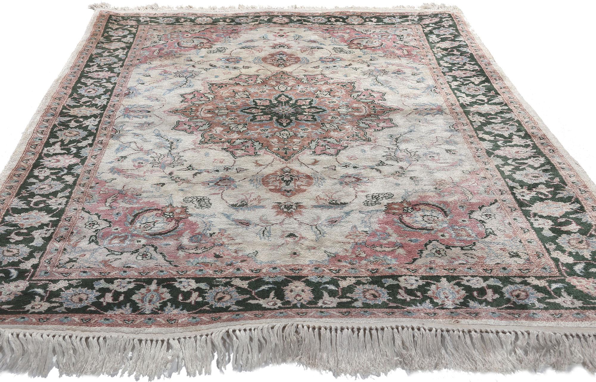 Kashan Vintage Silk Kashmir Rug, English Country Meets Luxe Style For Sale