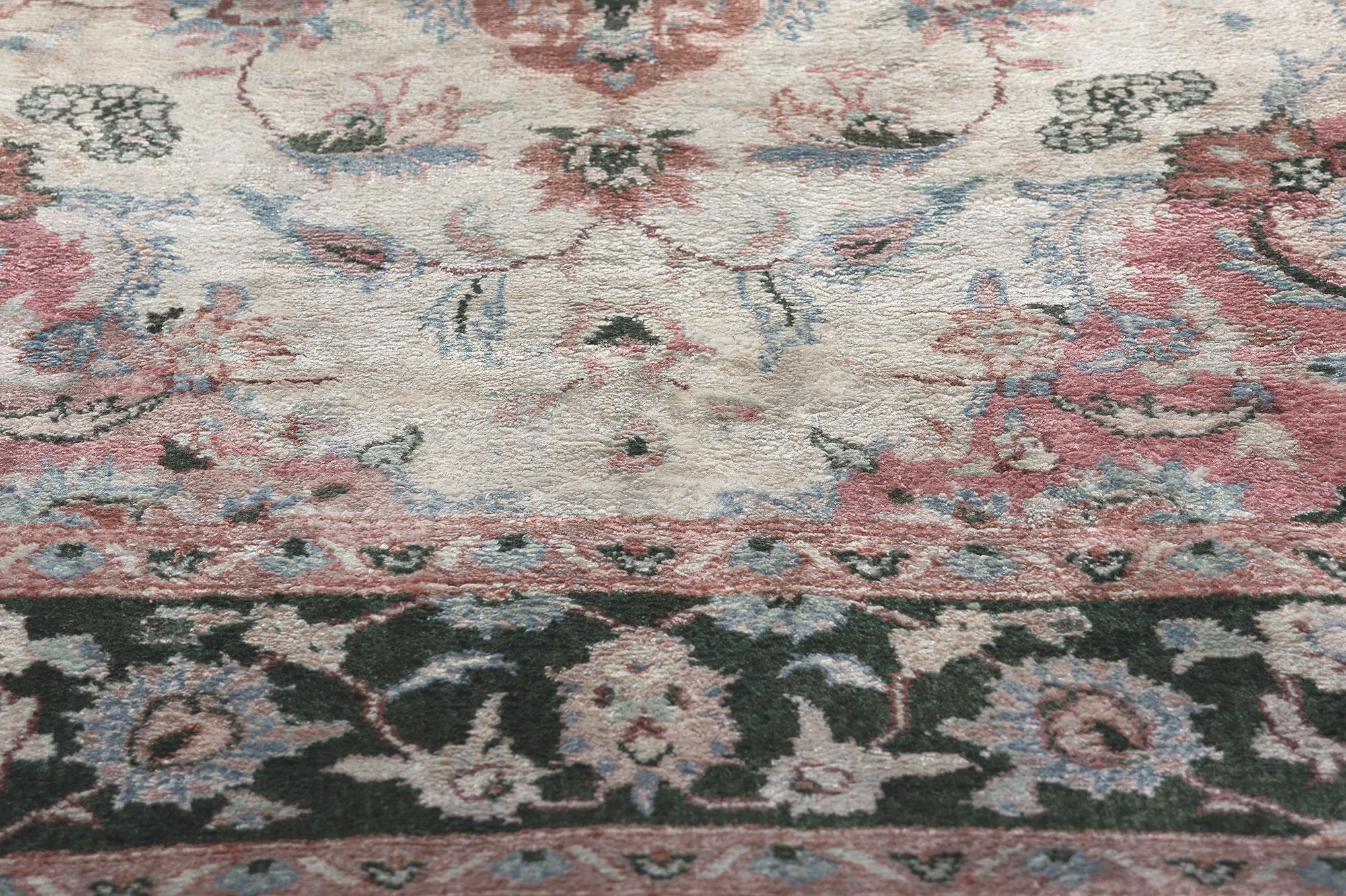 Hand-Knotted Vintage Silk Kashmir Rug, English Country Meets Luxe Style For Sale