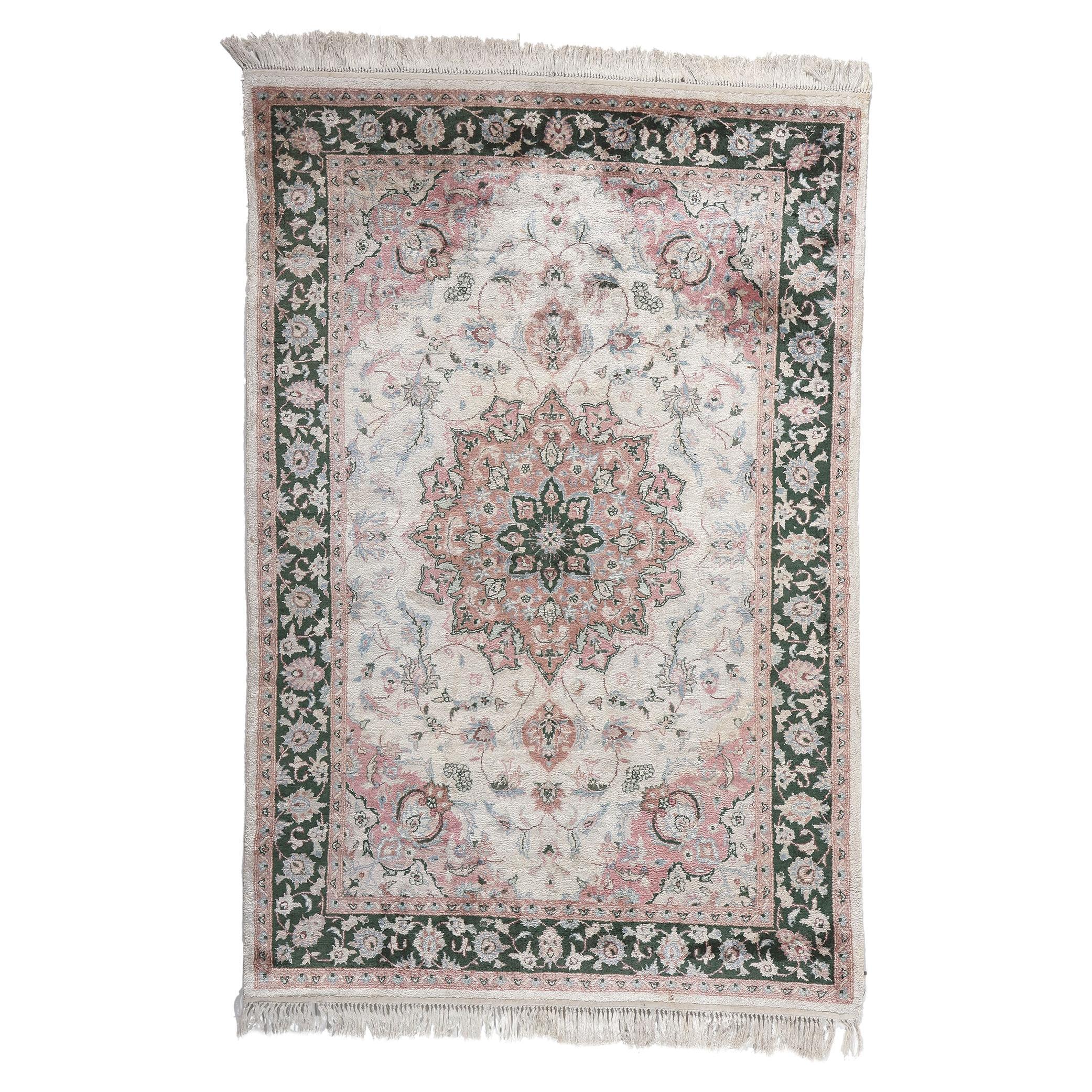 Vintage Silk Kashmir Rug, English Country Meets Luxe Style For Sale