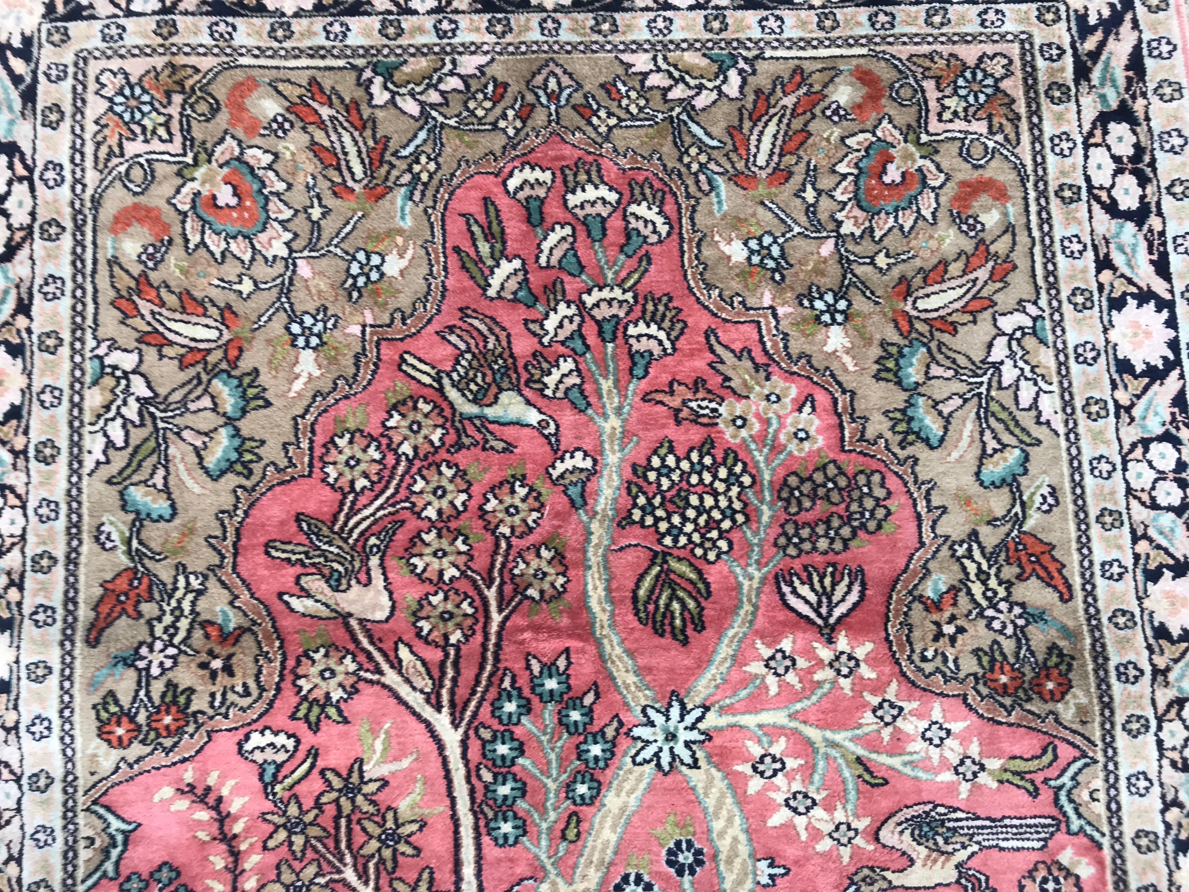 Hand-Knotted Vintage Silk Kashmir Rug For Sale