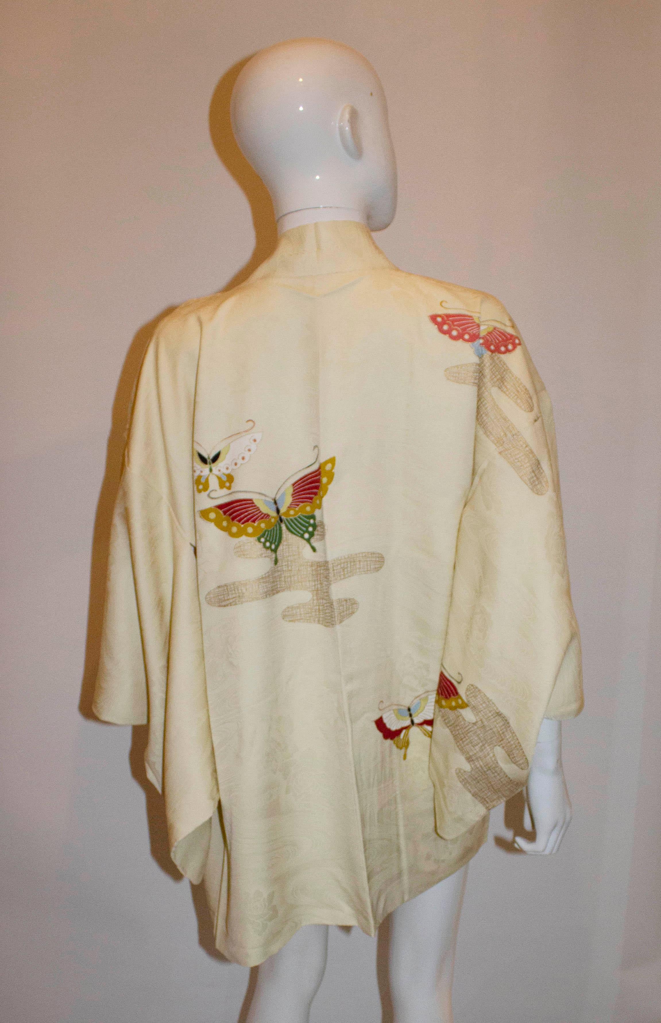 Brown Vintage Silk Kimono with Butterfly and Floral Design For Sale