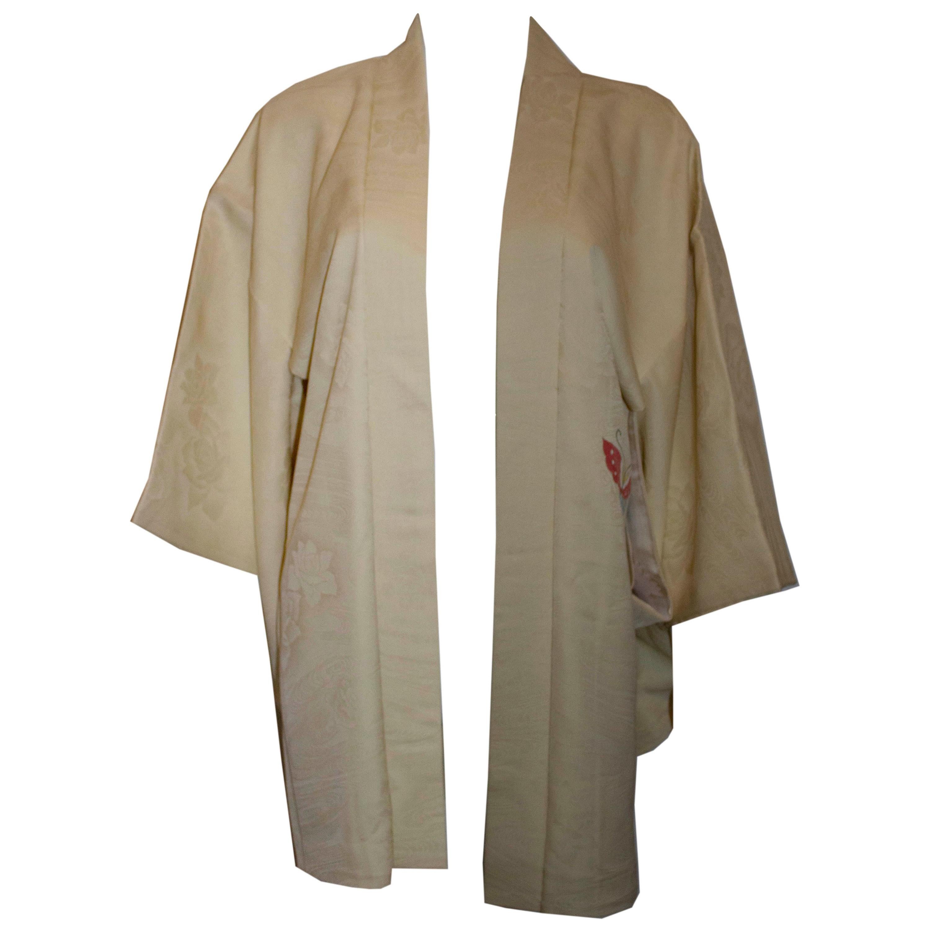 Vintage Silk Kimono with Butterfly and Floral Design For Sale