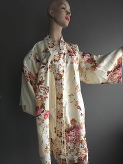 Vintage Silk Kimono with Floral Motifs of the Japanese Blossoms & Chrysanthemums
