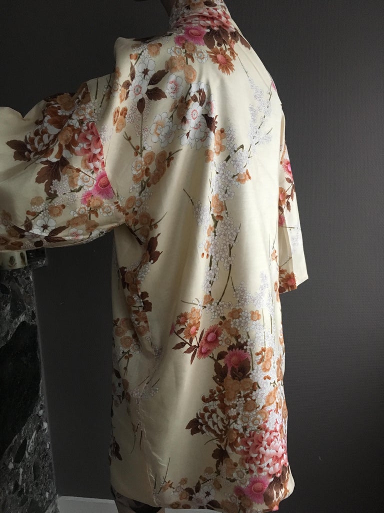 Vintage Silk Kimono with Floral Motifs of the Japanese Blossoms and