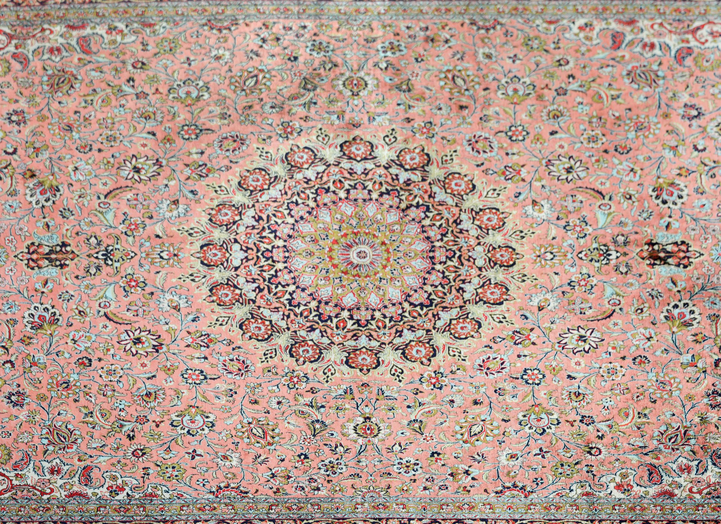 Hand-Knotted Vintage Silk Persian Qum Rug For Sale