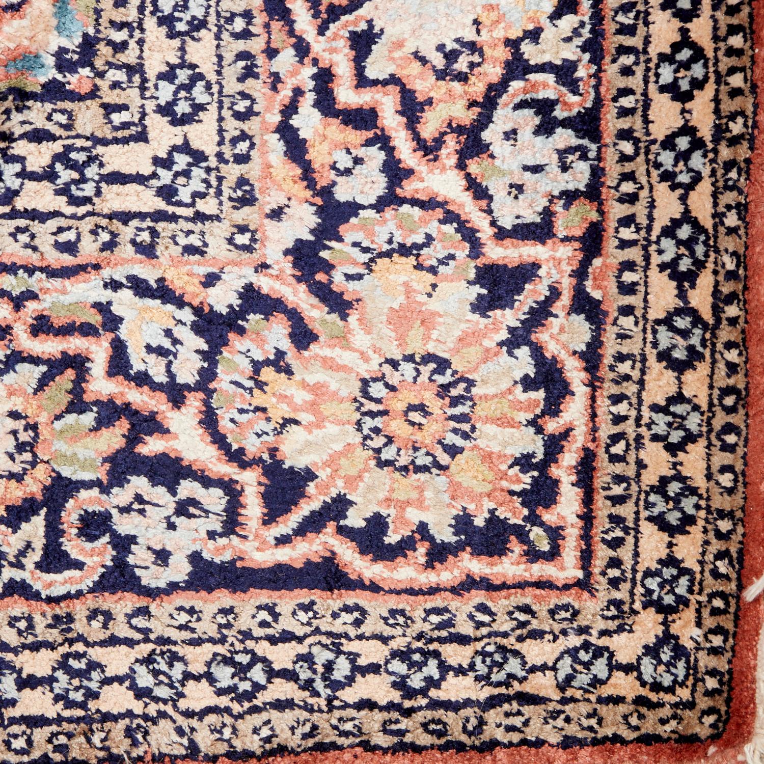 Hand-Knotted Vintage Silk Pile Kashmir Rug with Floral Designs on a Salmon Pink Ground For Sale