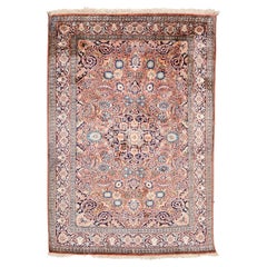 Vintage Kaschmir-Teppich aus Seidenflor aus Kaschmir mit Blumenmuster auf lachsrosa Grund