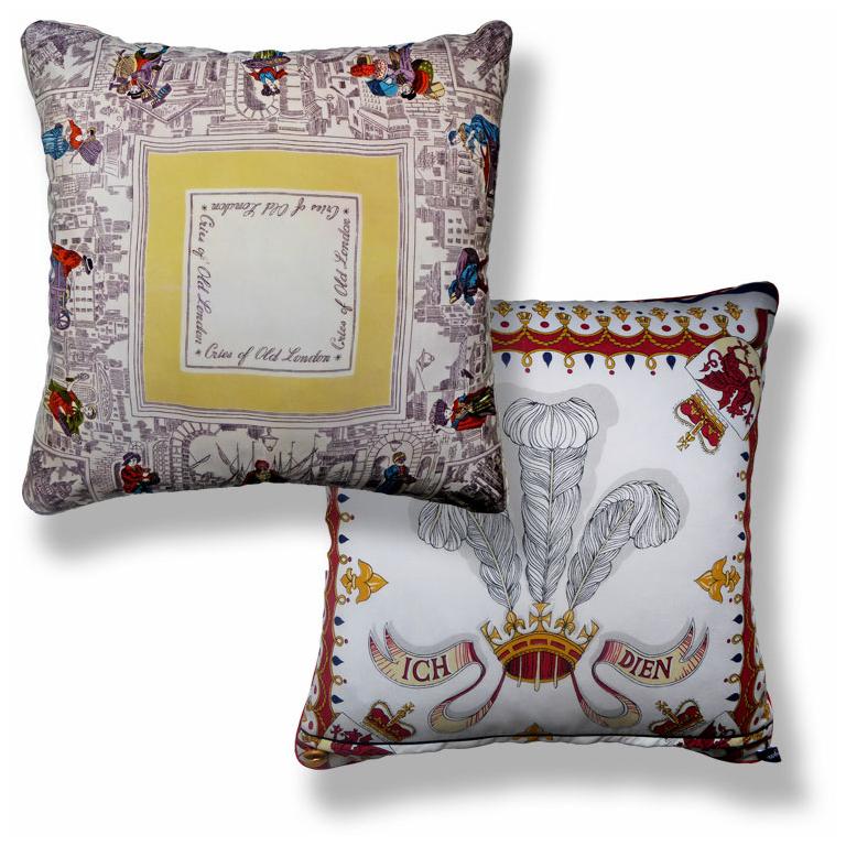 Organic Modern Vintage Silk Pillow 'Cries of London' with Iconic Images of the City of London