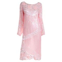 Vintage Silk Pink & White Sequin Beaded Evening Dress 