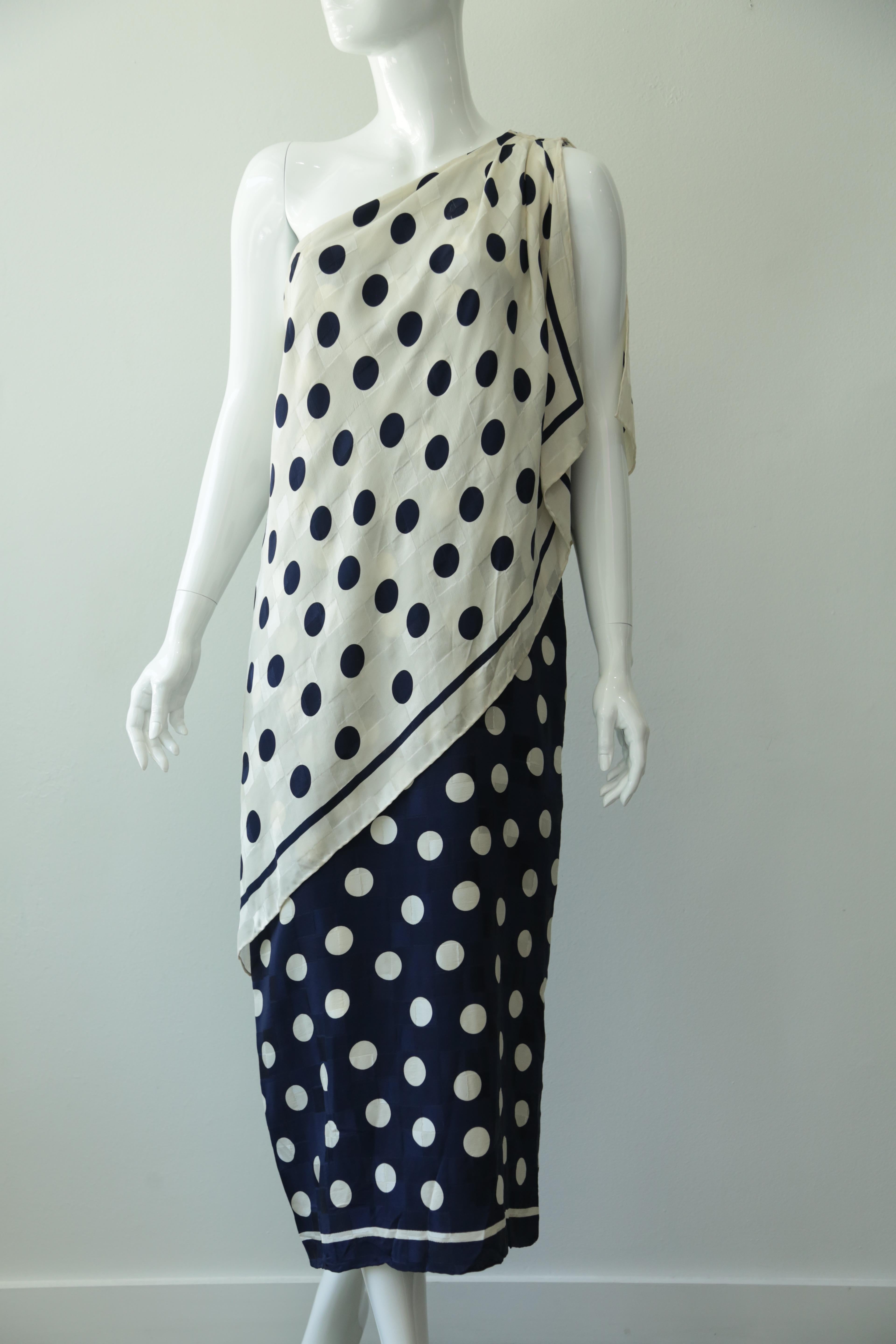 Gray Vintage Silk Polka-Dot One Shoulder Dress 