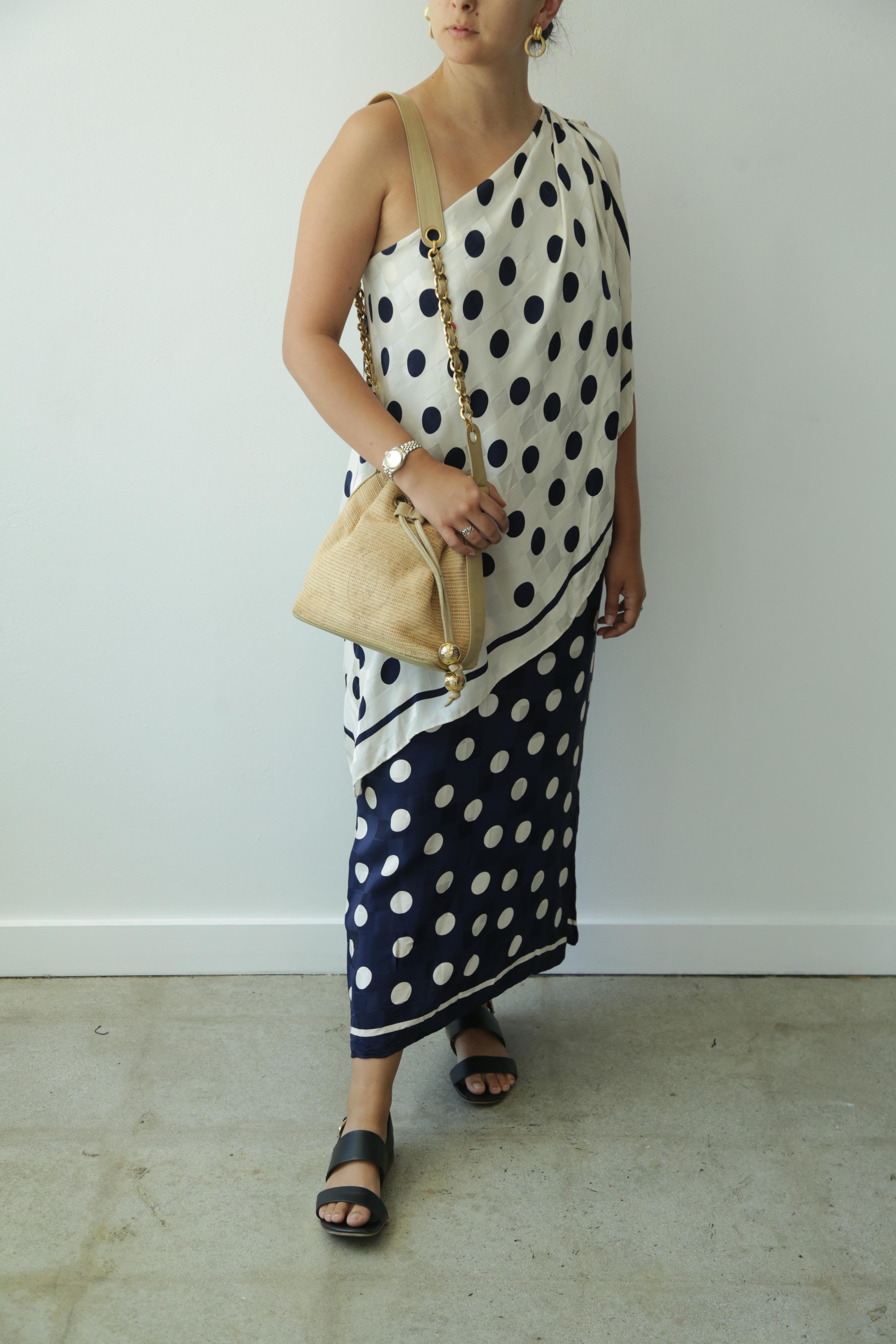 Women's Vintage Silk Polka-Dot One Shoulder Dress 