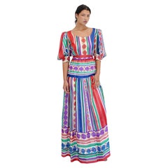 Vintage Silk Printed Colorful Stripe & Polka Dot Belted Dress