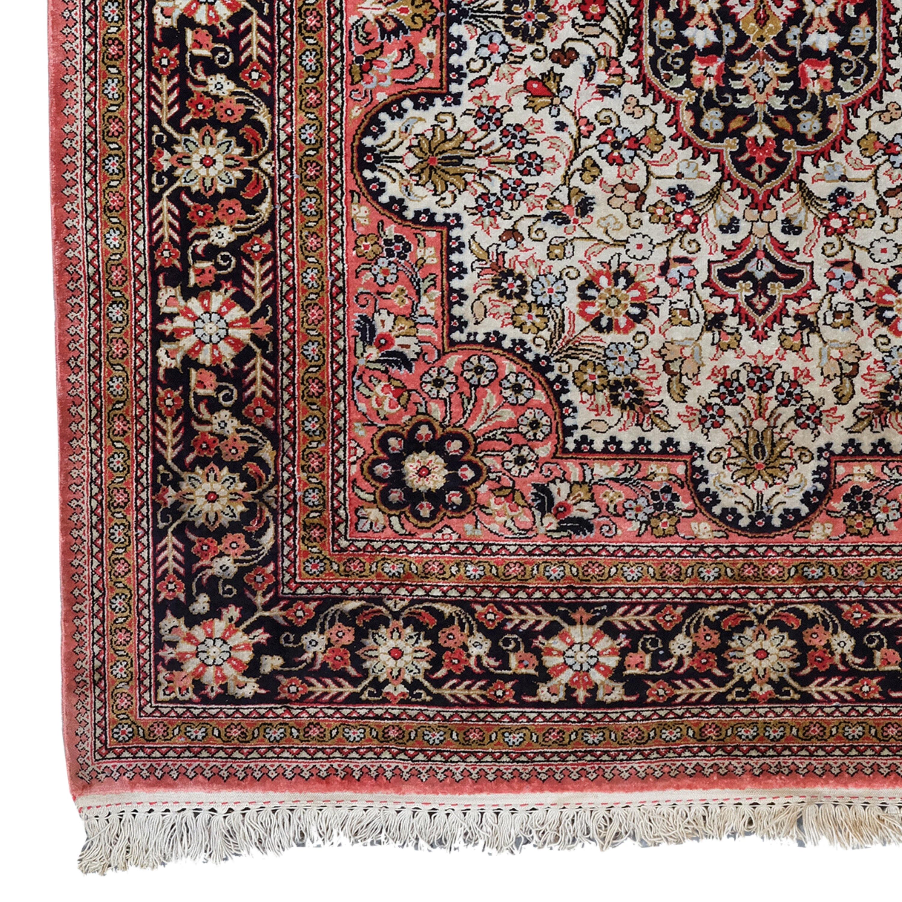 19th Century Silk Qum Rug

This magnificent 19th-century antique Qum (Gohm) rug offers not just decor, but a slice of history. Every intricate detail woven into this masterpiece tells a story of the past and reflects the skillful craftsmanship and