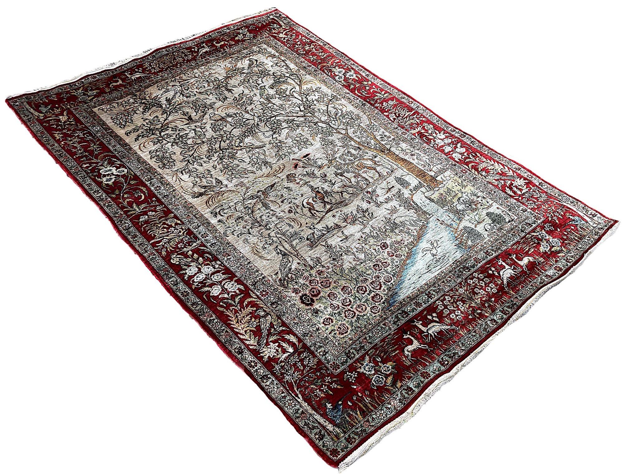 Vintage Silk Qum Rug 2.03m x 1.44m In Good Condition For Sale In St. Albans, GB